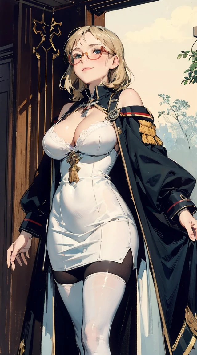 (The highest image quality, master piece:1.2), (Ultra Definition Illustration), (very cute little princess:1.3　15yo), (1 girl:1.2), Solo, (shoot from below:1.3) ,(condescending look:1.3) NSFw, sleeveless,  (gorgeous queen dress:1.3), Full body, Round baby face, (wearing Glasses, Blonde Short-Cut Hair), (white thigh high pantyhose:1.2), (Evil smile, mean face, Mesgaki smile),  Luxurious palace rooms, Fancy Room, RPG Royale, Beautiful legs, 、Street after the rain　(masterpiece), best quality, night bedroom, pale pink bra, bashful, blush, indoors, dress shirt, bra open shirt, from below, pov, low angle, mari ohara bigass bighip、　SEXY(((masterpiece))), (((best quality))), ((ultra-detailed)), (illustration), (detailed light), ((an extremely delicate and beautiful)), (beautiful detailed eyes), (sunlight), blush, shy, gigantic breasts, uzaki, outdoors, dynamic pose, naked overalls bare shoulders bigass bighip、SEXY　roupa modesta, tiro remoto, Detalhe bonito rosto delicado, Olhos delicados bonitos detalhados, perfect facial proportions, High definition skin, pele fina, best four inch aspect ratio. Com um polegar, uma obra-prima, altamente detalhado, Realistic, (German World War II general uniform reference : 1.8), the highest facial resolution, , mulher modestamente vestida, vestido inteiramente, ( pequeno, cabelos pretos, black franja reta, super thin braids, franja reta, Red glasses, olho verde escuro, science fiction, Fighter aircraft, standing On the landing of a Fighter aircraft, the agency, uma personalidade profundamente inteligente, A calm expression, um rosto respeitoso, uma guerra, a Fighter aircraft