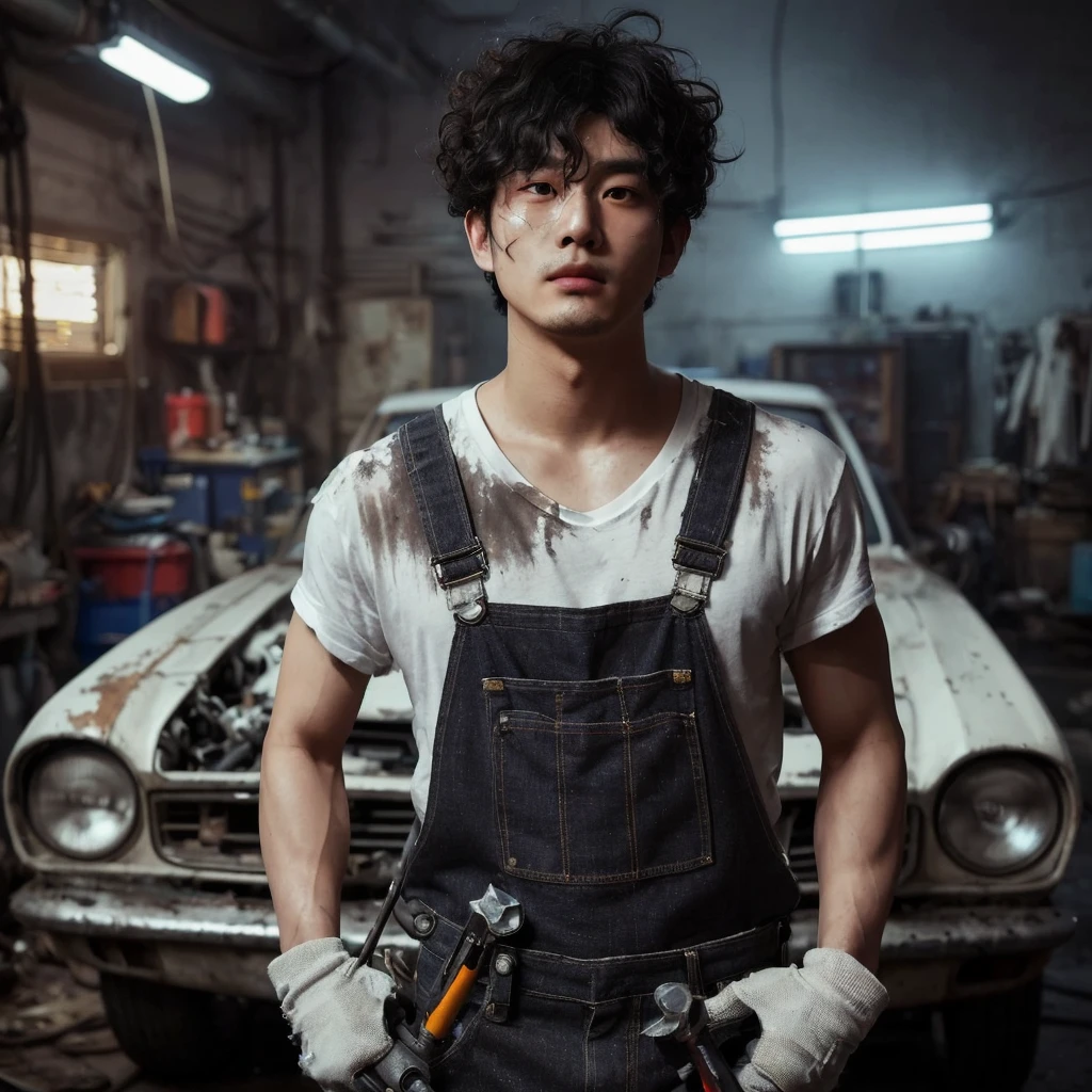 a Korean man with a messy curly hair ,ideal body and side bangs stands confidently in a dimly lit car repair shop. smeared with grime, are a testament to his hard work. He wears a combination of a white t-shirt, dark jeans overalls, and gray sneakers, embodying the essence of a skilled mechanic. With a focused expression and eyes locked on the camera, he holds mechanical tools, ready to tackle the task ahead. The background features a modified, dilapidated, and damaged old school car, with dynamic lighting that enhances the scene's retro atmosphere, cinematic, curly hair