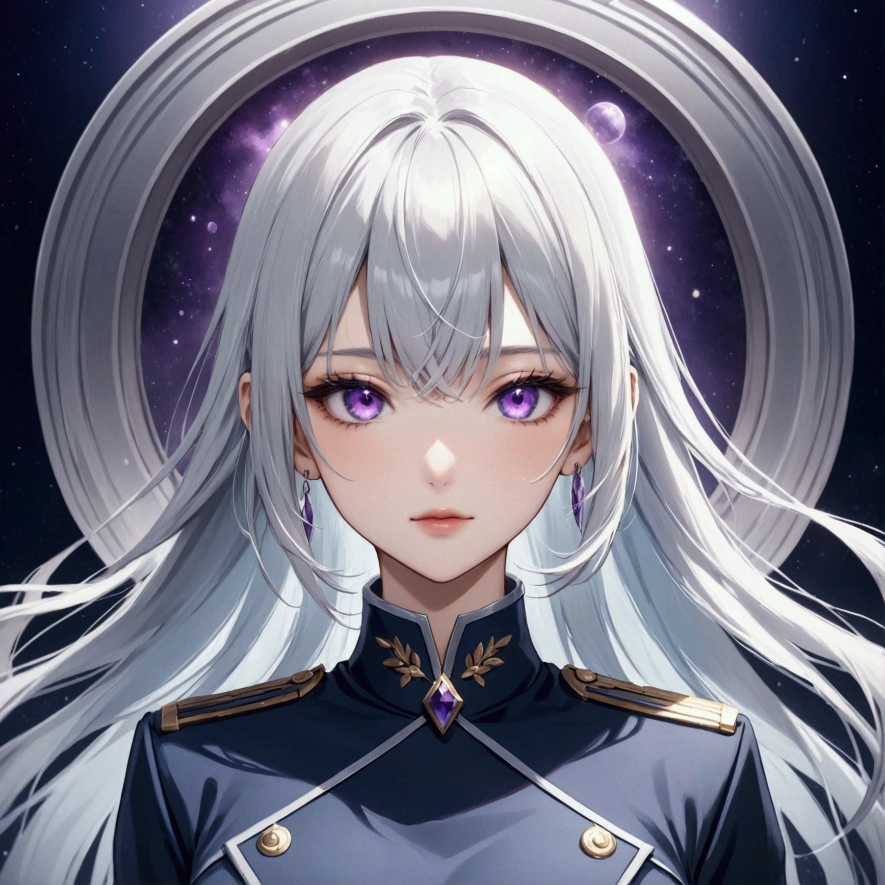 Highest quality、Delicate depiction、Beautiful woman、Silver Hair、Amethyst Eyes、Blue-gray military uniform、