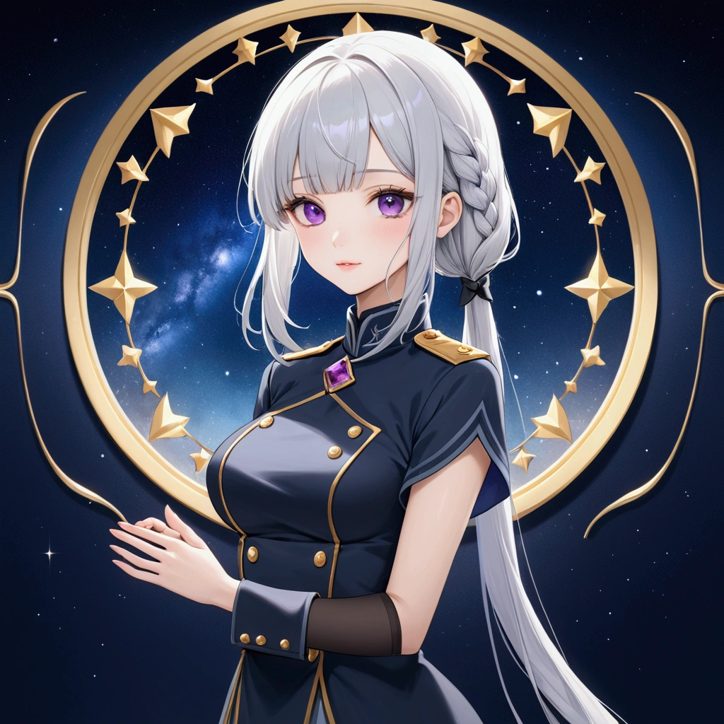 Highest quality、Delicate depiction、Beautiful woman、Silver Hair、Amethyst Eyes、Blue-gray military uniform、