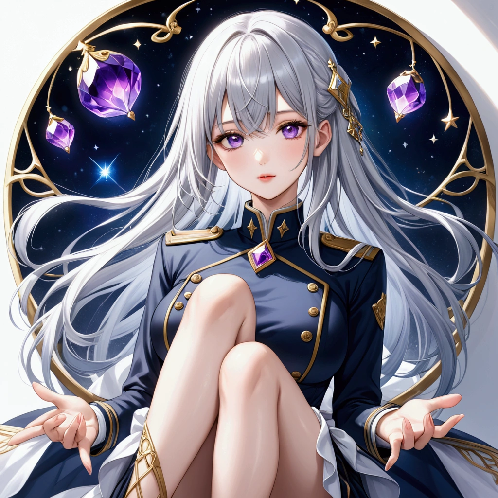 Highest quality、Delicate depiction、Beautiful woman、Silver Hair、Amethyst Eyes、Blue-gray military uniform、