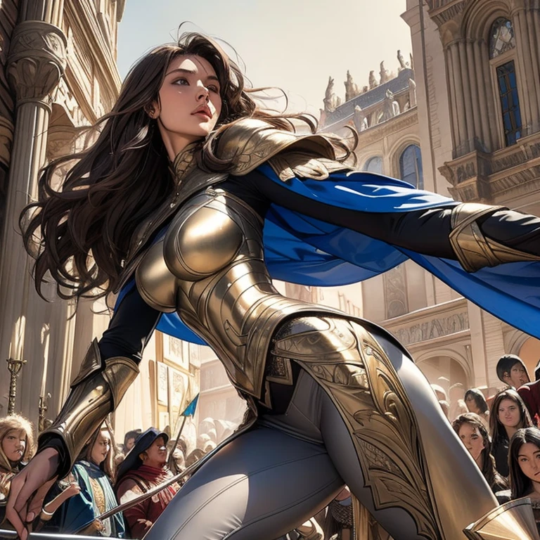 Realistic, Super detailed, masterpiece, Super detailed, 1 female warrior, Wavy Cape, long flowing hair, Swordsman Style, Light Armor, (Earth-toned long leggings), Slim figure, Toned thighs, Tight round ass, Medieval European Town, Swirling Dust, Low angle shot, From below, A cheering crowd celebrates the hero&#39;s return