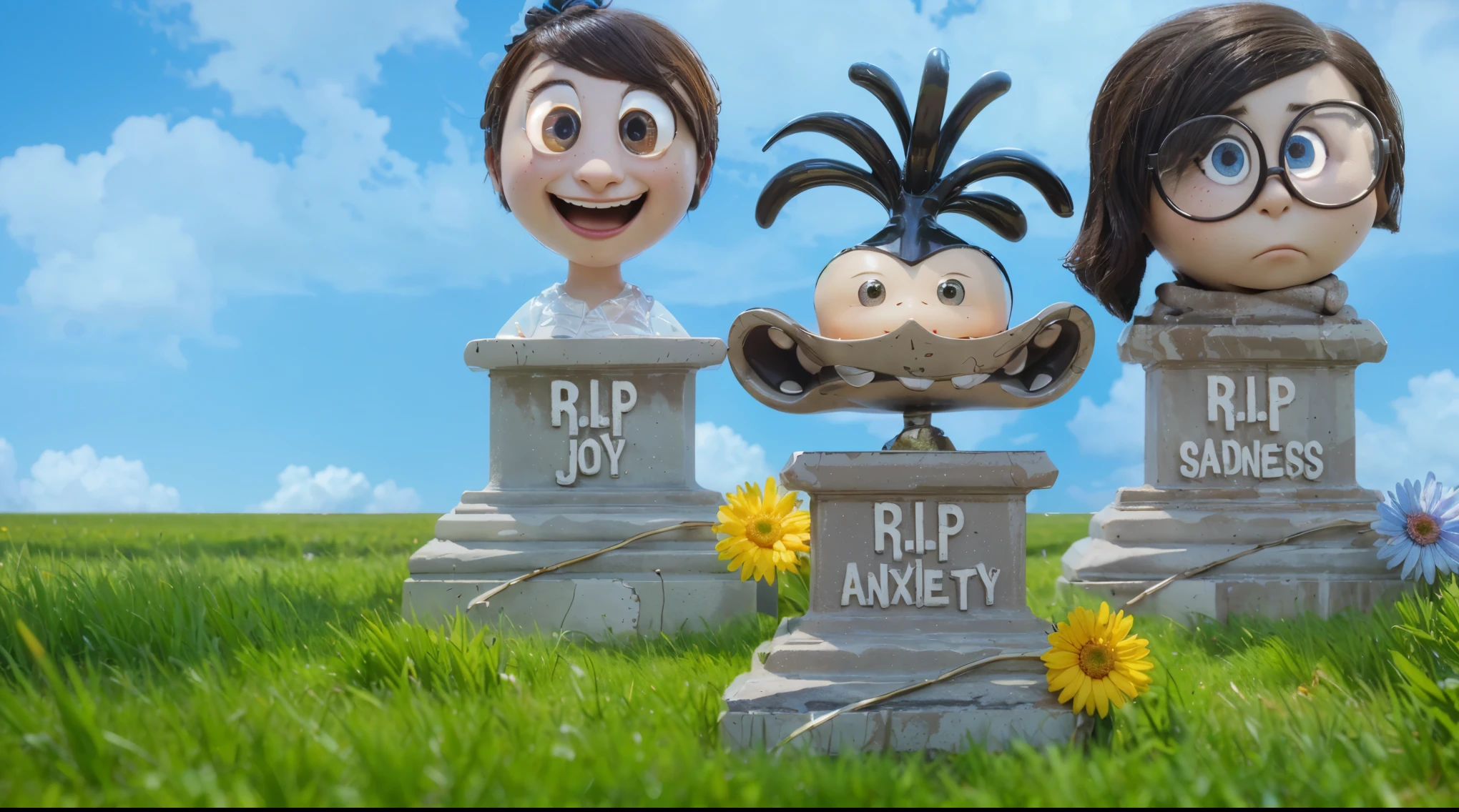 The image creatively stages a scene featuring animated monuments of the characters Joy, Anxiety, and Sadness from the movie "Inside Out." These whimsical statues are set in a lush, vibrant green field under a bright blue sky with fluffy white clouds. Each monument is uniquely expressive: Joy radiates happiness with a broad smile, Anxiety is captured in a frenzied, wide-eyed expression, and Sadness looks downcast with large, reflective glasses. The inscriptions on the pedestals read "R.I.P Joy," "R.I.P Anxiety," and "R.I.P Sadness," adding a humorous twist that suggests the burial of these emotions. Colorful flowers placed at the base of each monument enhance the vividness and playful tone of the scene, making it both a visual delight and a thoughtful commentary on emotional themes.___vibrant contrast to his attire and accessories.аffects render, (glossy plastic texture with multiple big light probe refractions), perfect cgi, smooth silhouette, high intensity refraction, (super glossy plastic material), most beautiful vfx, , realistic, 4k, high resolution, rim light, smooth 3d model, multiple light sources, rim light, sharp post effects render,, realistic, 4k, high resolution, rim light detailed digital art, reflective, best quality, 4k, masterpiece:1.2, ultra-detailed, realistic, vivid colors, The image of the highest quality, ensuring every detail showcased perfectly. It in 4k resolution, allowing viewers to immerse themselves in the richness of the colors and intricate details. The realistic rendering. under the spotlight, reflecting, high-resolution image, realistic rendering