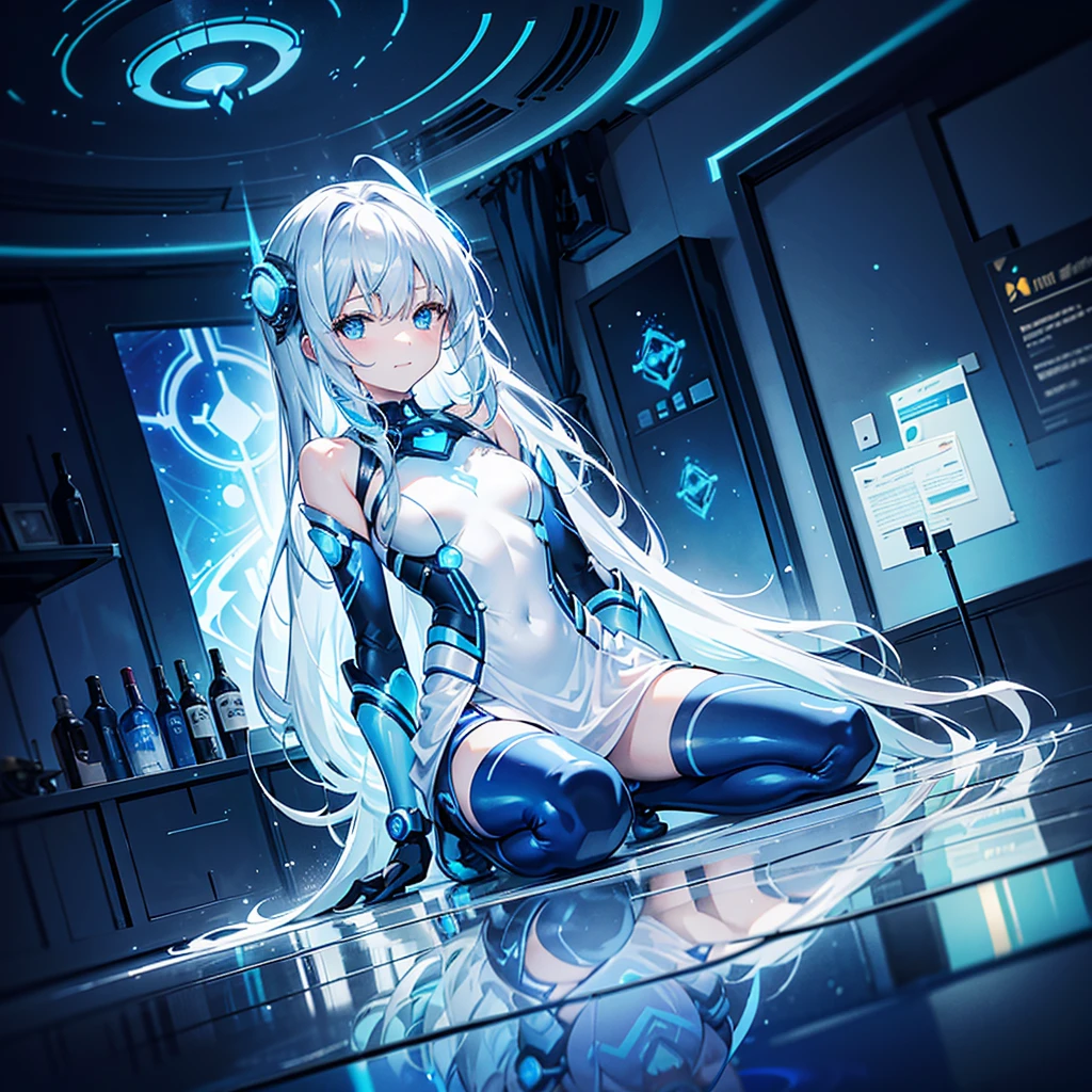 8k, Highest quality, (real:1.4), Original photo, 1 girl, Asari Hair, Biological Amplifier, Very sleek and futuristic armor, posture: Peace talks between warring factions,,attention arousal, smart blue eyes,A modest smile,Knee-high boots,Patent-look blue tights,Blue big moon and blue light swirl in the background,Blue light from behind,blue light magic,A small, glowing blue ball in the palm of your hand,Blue flame swirl,Blue Comet,Polished floor,