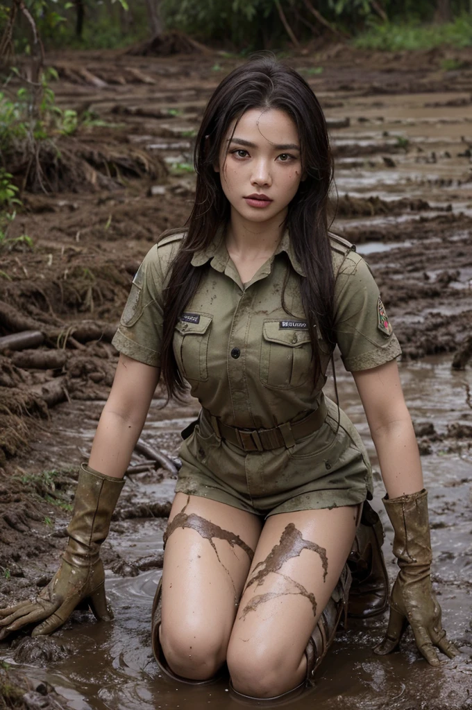 A pretty girl kneeling in the mud, in dirty combat uniform, gloves, in dirty combat boots, covered in mud, captured by enemy forces, in the mud, Soaked, high details, UHD, textured skin, high details, UHD, anatomically correct, textured skin, high details, UHD, anatomically correct, textured skin