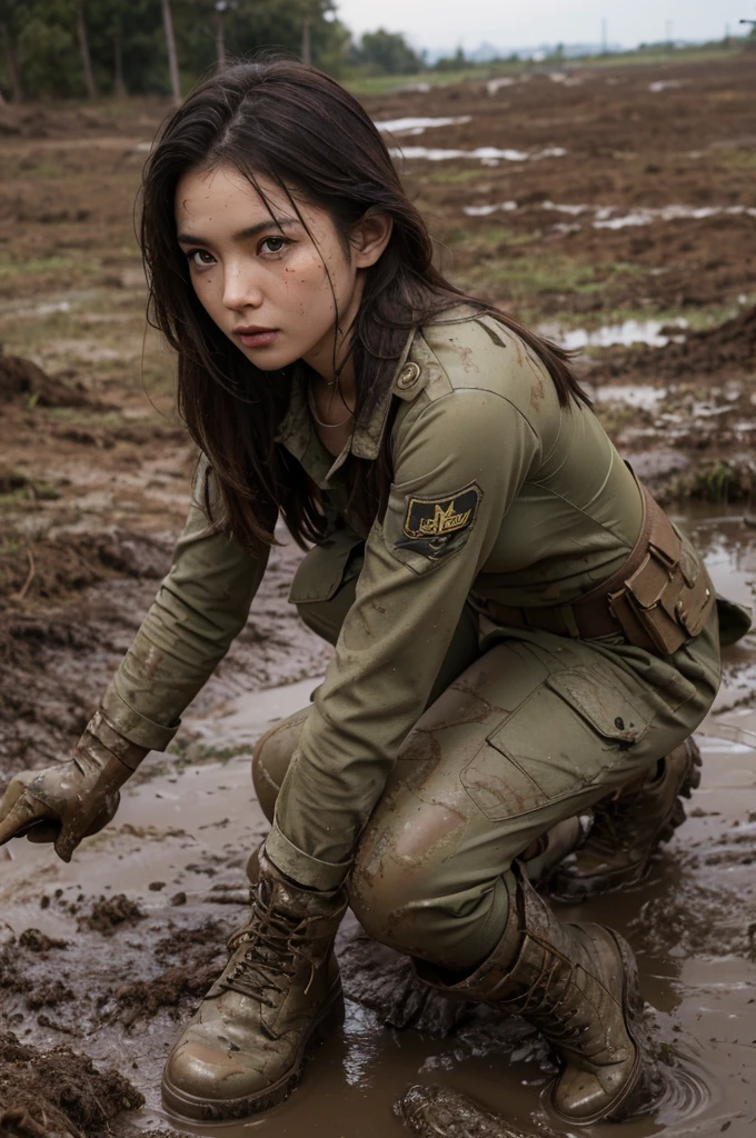 A pretty girl kneeling in the mud, in dirty combat uniform, gloves, in dirty combat boots, covered in mud, captured by enemy forces, in the mud, Soaked, high details, UHD, textured skin, high details, UHD, anatomically correct, textured skin, high details, UHD, anatomically correct, textured skin