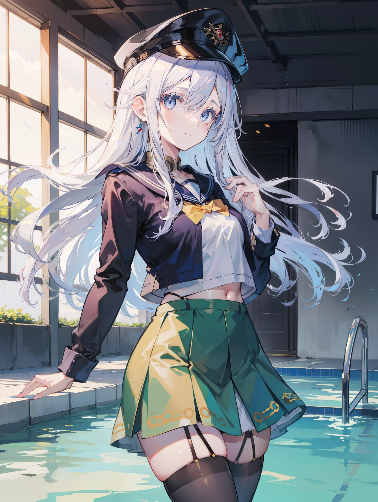 VL4D1L3N4,1girl, long hair, garter straps, purple eyes, white hair, hair between eyes, military hat, 
BREAK (skirt, thighhighs, , serafuku, zettai ryouiki, green skirt, bowtie, long sleeves, black thighhighs, black bowtie:1.2),
BREAK water, pool, slight smile,
BREAK (masterpiece:1.2), best quality, high resolution, unity 8k wallpaper, (illustration:0.8), (beautiful detailed eyes:1.6), extremely detailed face, perfect lighting, extremely detailed CG, (perfect hands, perfect anatomy),