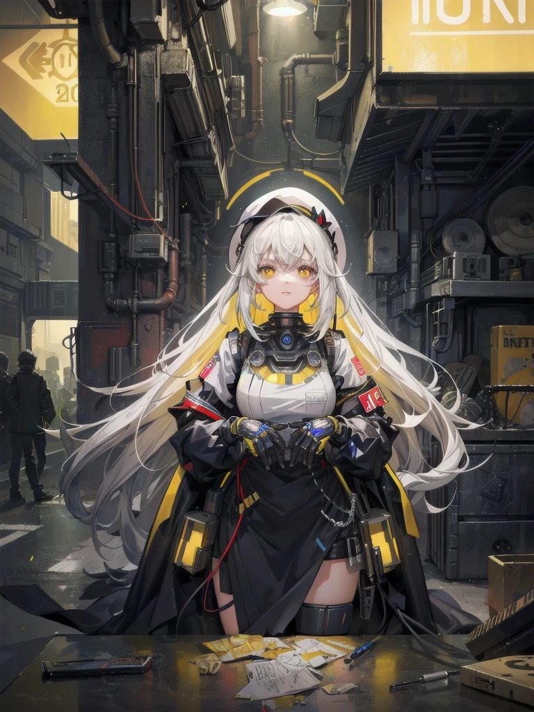 1 Girl, Solo, Colorful, Yellow Eyes, Cyberpunk, Mechanical Scrap Zone, Cityscape, Stud Earrings, Long Messy White Hair, Mechanical Hat, Mechanical Body, Robotic Arm, Mecha, Robot, Mechanical Maiden, Neon Lights, Beautiful Lights, Character Focus, CG Illustration, Bust Shot, 8k Resolution, Very Detailed, Anatomically Correct, Digital Painting, Concept Art, Clear Picture