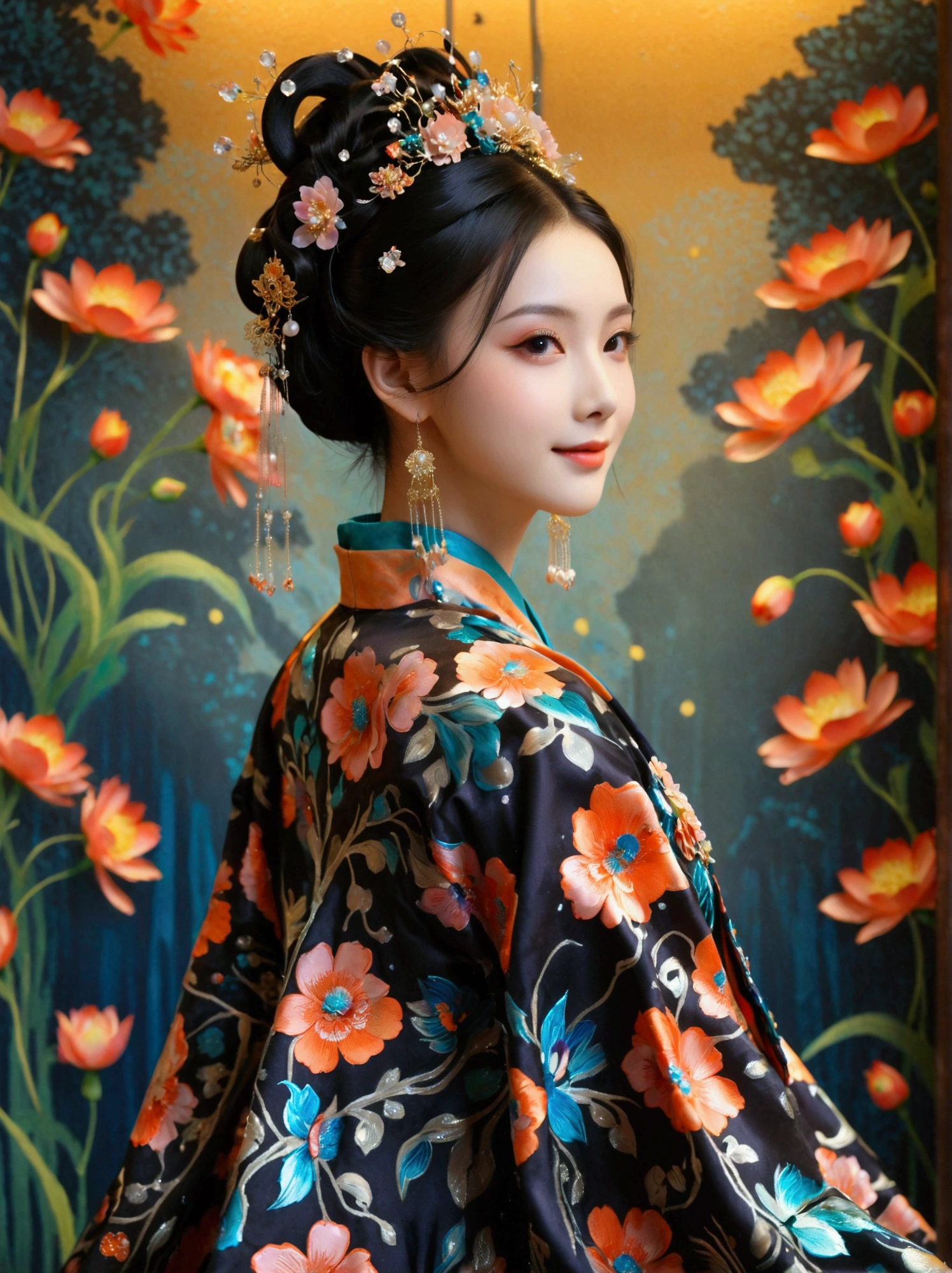 by Julien Arnal，Abstract Pictorial，Cartoon illustration，Sequins，Ambilight，Healing gouache，Starry Sky，Dark night shimmer，Youth Manga,Bright tones,gorgeous,Beautiful illustrations，Morandi color tone，Beautiful model catwalk，Performing dance steps。Wearing Ming Dynasty Hanfu，玫瑰Long skirt，Princess dress，gorgeous复古宫廷风格连衣裙，Long skirt，超Long skirt，- Wide hem，Long skirt下摆接近地面，The style is a high-end dress from the Hanfu Fashion Week，Haute couture，Private custom，Fashion show model，Big show，Tulle accessories on skirt。Necklace on the neck，short hair，Hair up，Headdress，big eyes，It's beautiful，((There was only one female model on the catwalk))，Men and women make up a large part of，The runway is covered with flowers，Background covered with flowers，Female model with a smile on her face，Standing，Elegant and dignified posture，8k，Ultra HD，masterpiece，precise，Textured Skin，High Detail，Best quality，Awards，Long Shot，Sense of distance，(Vector illustration:1.5)
