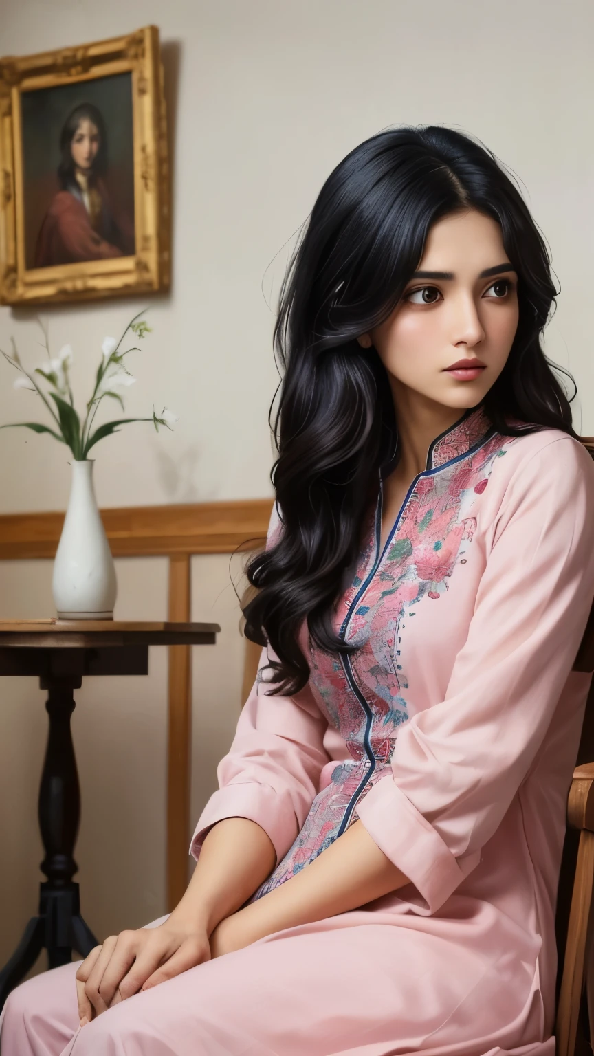 ((best quality)), ((masterpiece)), (detailed), A digital illustration of a long black haired young women sitting on chair in pink kurti with a confused and worried expression, surrounded by question marks