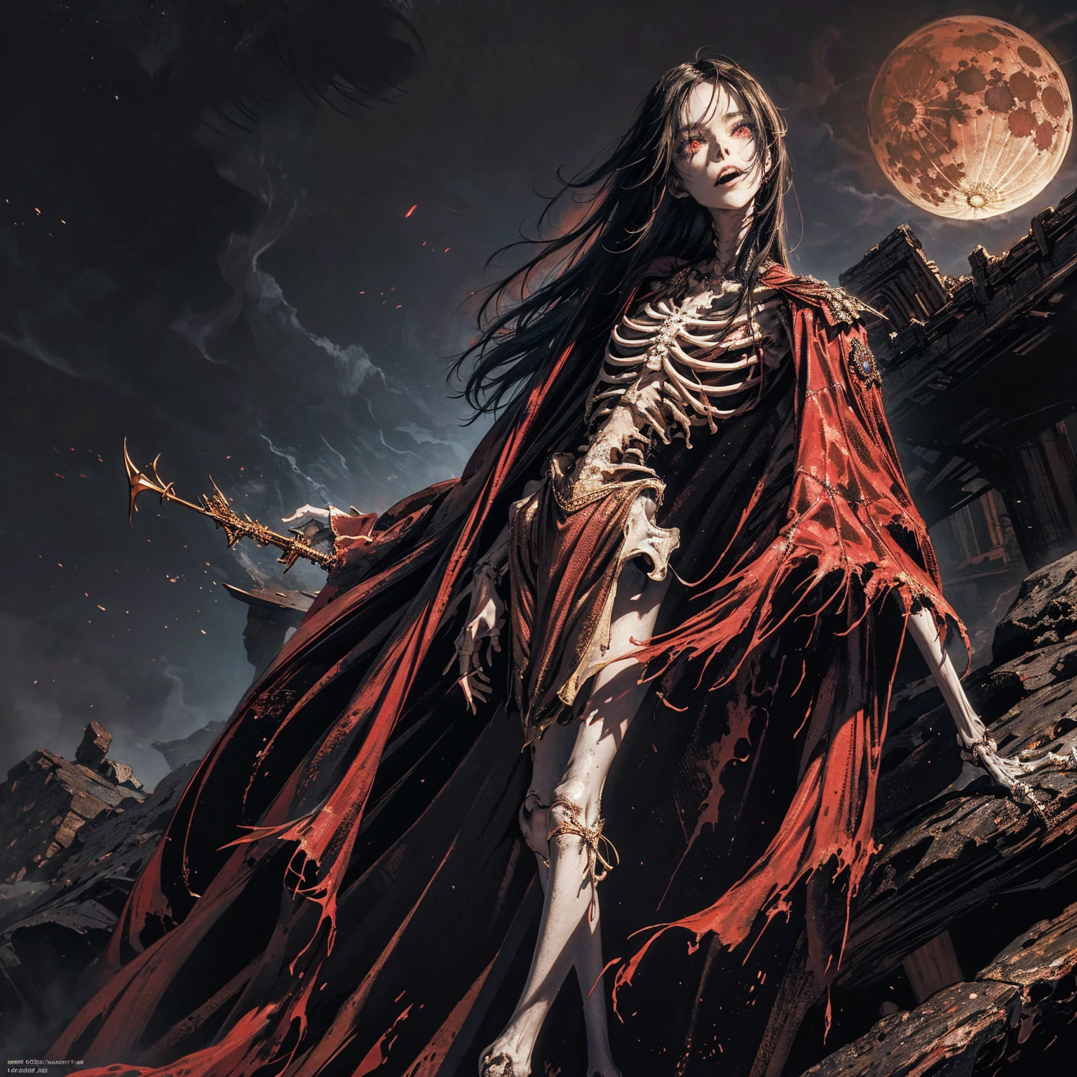 full-body shot, best quality, 4K, high resolution, masterpiece, Very detailed, Mood lighting, An undead girl in a long cape, Whole body including hands & arms & legs & feet are all skeleton bones but except the head is still beautiful human face, Wearing a ragged gothic skirt, Aloofness emotion, Dangerous sneer, Beautiful but cruel smile, Black Hair, Standing, Facing the camera, Crucified, Pitch black sky, Blood-red moon, strange atmosphere, Gothic style, Unforgettable beauty, Dramatic shadows, Ethereal Light, Mysterious atmosphere.