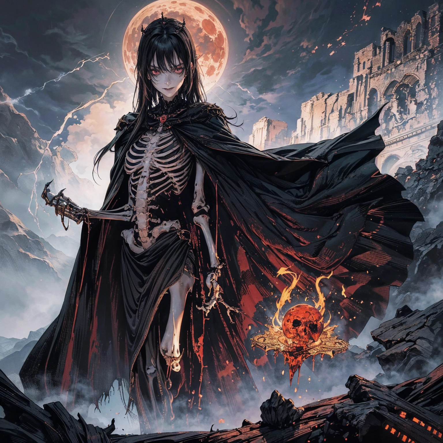full-body shot, best quality, 4K, high resolution, masterpiece, Very detailed, Mood lighting, An undead girl in a long cape, Whole body including hands & arms & legs & feet are all skeleton bones but except the head is still beautiful human face, Wearing a ragged gothic skirt, Aloofness emotion, Dangerous sneer, Beautiful but cruel smile, Black Hair, Standing, Facing the camera, Crucified, Pitch black sky, Blood-red moon, strange atmosphere, Gothic style, Unforgettable beauty, Dramatic shadows, Ethereal Light, Mysterious atmosphere.