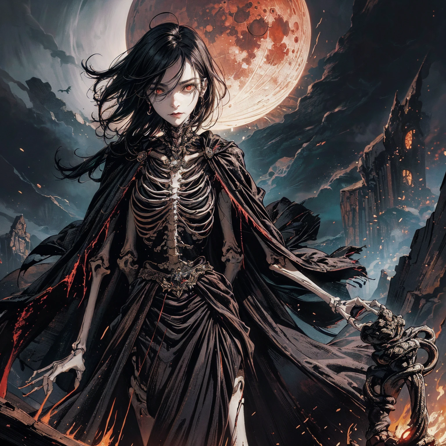 full-body shot, best quality, 4K, high resolution, masterpiece, Very detailed, Mood lighting, An undead girl in a long cape, Whole body including hands & arms & legs & feet are all skeleton bones but except the head is still beautiful human face, Wearing a ragged gothic skirt, Aloofness emotion, Dangerous sneer, Beautiful but cruel smile, Black Hair, Standing, Facing the camera, Crucified, Pitch black sky, Blood-red moon, strange atmosphere, Gothic style, Unforgettable beauty, Dramatic shadows, Ethereal Light, Mysterious atmosphere.