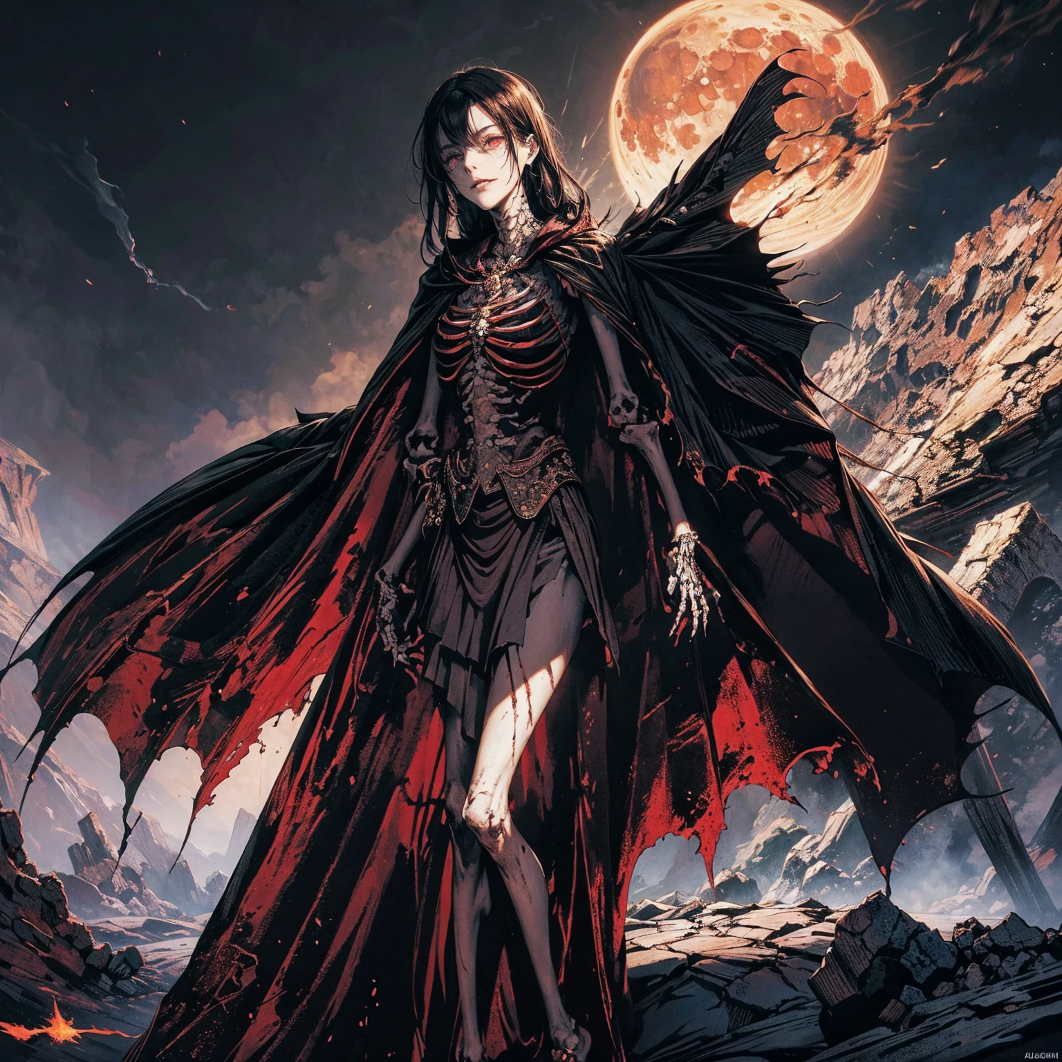 full-body shot, best quality, 4K, high resolution, masterpiece, Very detailed, Mood lighting, An undead girl in a long cape, Whole body including hands & arms & legs & feet are all skeleton bones but except the head is still beautiful human face, Wearing a ragged gothic skirt, Aloofness emotion, Dangerous sneer, Beautiful but cruel smile, Black Hair, Standing, Facing the camera, Crucified, Pitch black sky, Blood-red moon, strange atmosphere, Gothic style, Unforgettable beauty, Dramatic shadows, Ethereal Light, Mysterious atmosphere.