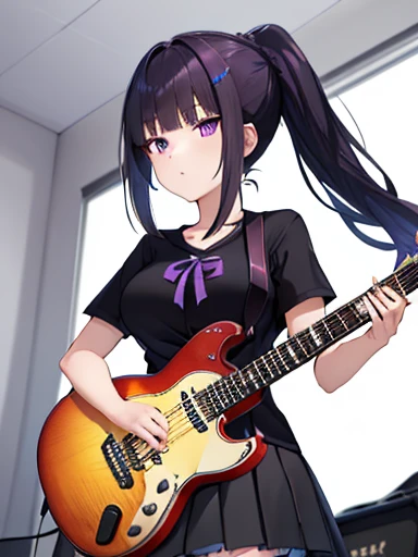 One girl, alone, Black Skirt, Purple eyes, Only 5 fingers, electric guitar, (guitar), Holding, Holding plectrum, musical instrument, ponytail, , music, One side up, Long black hair, guitarを弾く, Pleated skirt, Purple Shirt, Short sleeve, indoor,Big Breasts