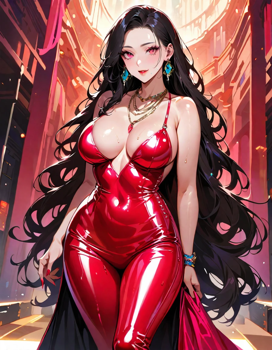 Young beautiful woman,(Highest quality,Extremely detailed depiction,Incredibly absurd high resolution,Anatomically accurate depiction,Curvy Legs),(Glowing Skin,Shiny skin,Sweat),(Fashion Model:1.3,High gloss latex dress,Luxury accessories,Earrings,necklace,Bracelet),eyelash,Flashy makeup,Pink Eyes,There is in the chest,Glossy Red Lips,Shadowed face,A seductive smile,whole body:1.2,(Walking pose:1.5,)background:Fashion show runway:1.5,1 from the top.3