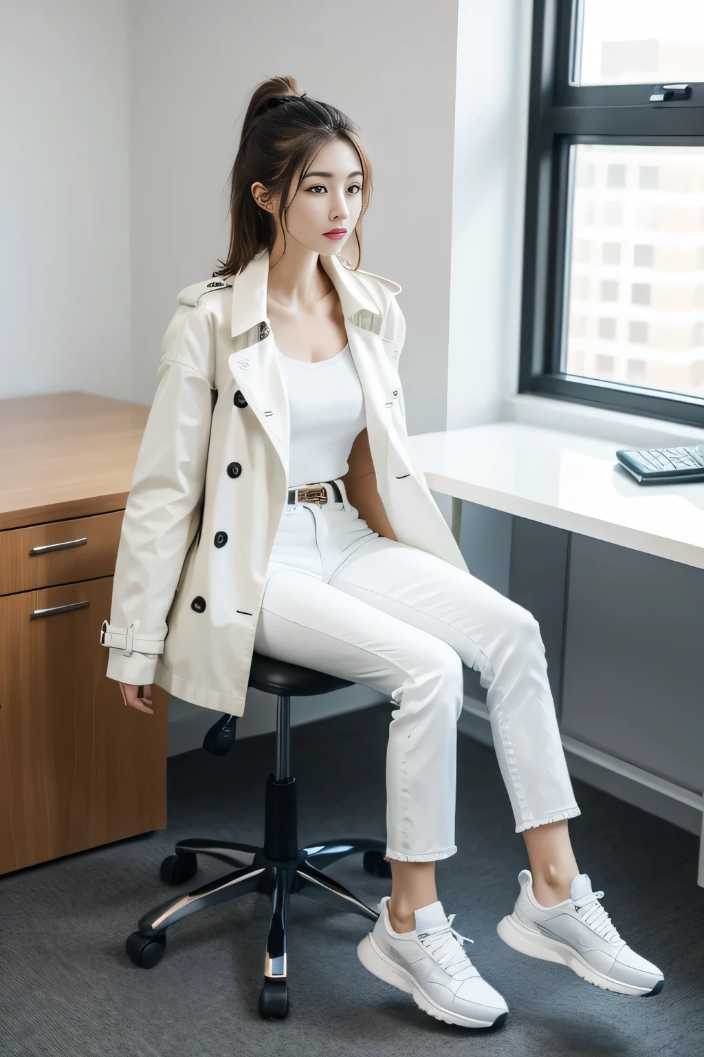 reality,Ultra-clear,A 20-year-old woman sits on a chair in the office,Wear a white trench coat,skinny jeans,sports shoes