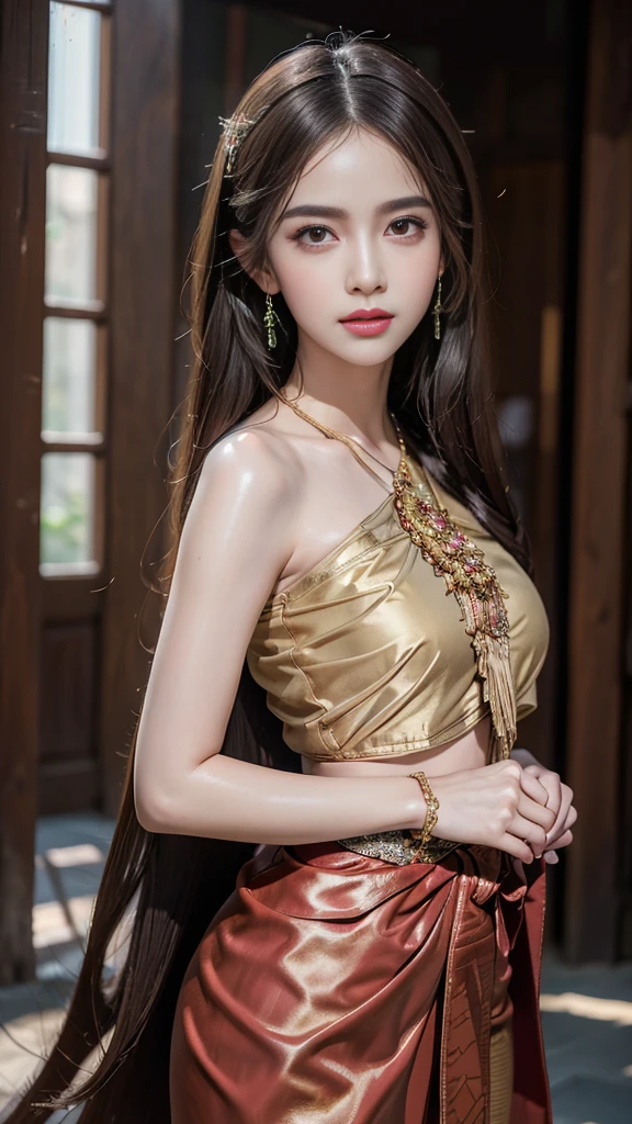 (raw photos:1.2), (realistic:1.4), (Masterpiece:1.3), (best quality:1.4), Ultra high resolution, (Detailed eyes), (Detailed facial features), (Detailed clothing features), HDR, 8K resolution, Focus only, let your hair grow long, Dressing according to Thai tradition, Traditional shawl , 1 woman , big breasts, A gigantic rift, big breastsดันเสื้อผ้า, big breast, Breasts are fully grown., Make your breasts bigger.., small waist, Long legs, Facing the audience, Full body, depth of field, Lighting system at the level of ancient Thai houses, big breasts,  too big for your body, Showing a flat stomach, full of jewelry, The beauty of Thai dress girls