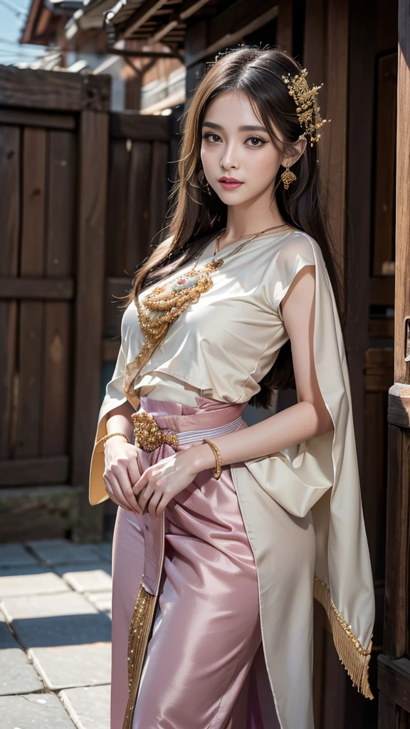 (raw photos:1.2), (realistic:1.4), (Masterpiece:1.3), (best quality:1.4), Ultra high resolution, (Detailed eyes), (Detailed facial features), (Detailed clothing features), HDR, 8K resolution, Focus only, let your hair grow long, Dressing according to Thai tradition, Traditional shawl , 1 woman , big breasts, A gigantic rift, big breastsดันเสื้อผ้า, big breast, Breasts are fully grown., Make your breasts bigger.., small waist, Long legs, Facing the audience, Full body, depth of field, Lighting system at the level of ancient Thai houses, big breasts,  too big for your body, Showing a flat stomach, full of jewelry, The beauty of Thai dress girls