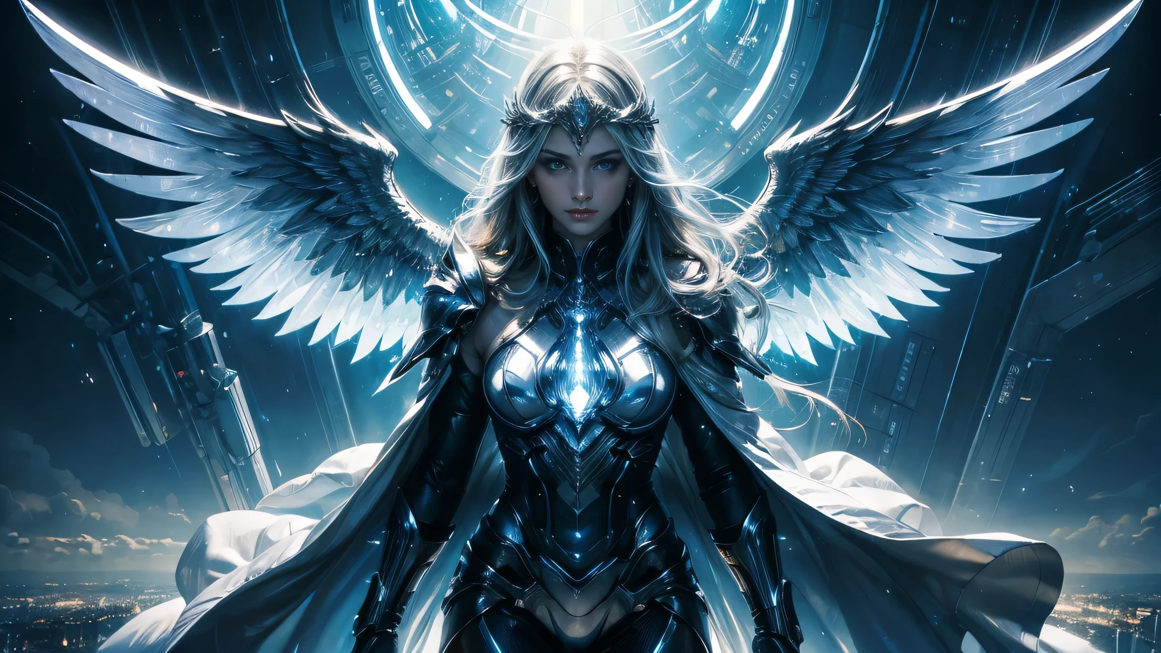 ((masterpiece, Highest quality, Best image quality, High resolution、４ｋ)) One beautiful silver female angel of justice、very beautiful、Glowing white giant wings、Glowing halo、Shiny White Cyber Robe、god々Shining with a bright light。Shiny advanced cybernetic enhancements. Seen in dynamic action poses, reflection on a smooth surface. The cityscape below is filled with towering skyscrapers., illuminated by colorful holographic advertisements, Shining with blue energy, Mighty power. The overall atmosphere is mysterious and godlike., It had a futuristic techno vibe.. The lighting is dramatic, Intense highlights and deep shadows, Creates depth and tension