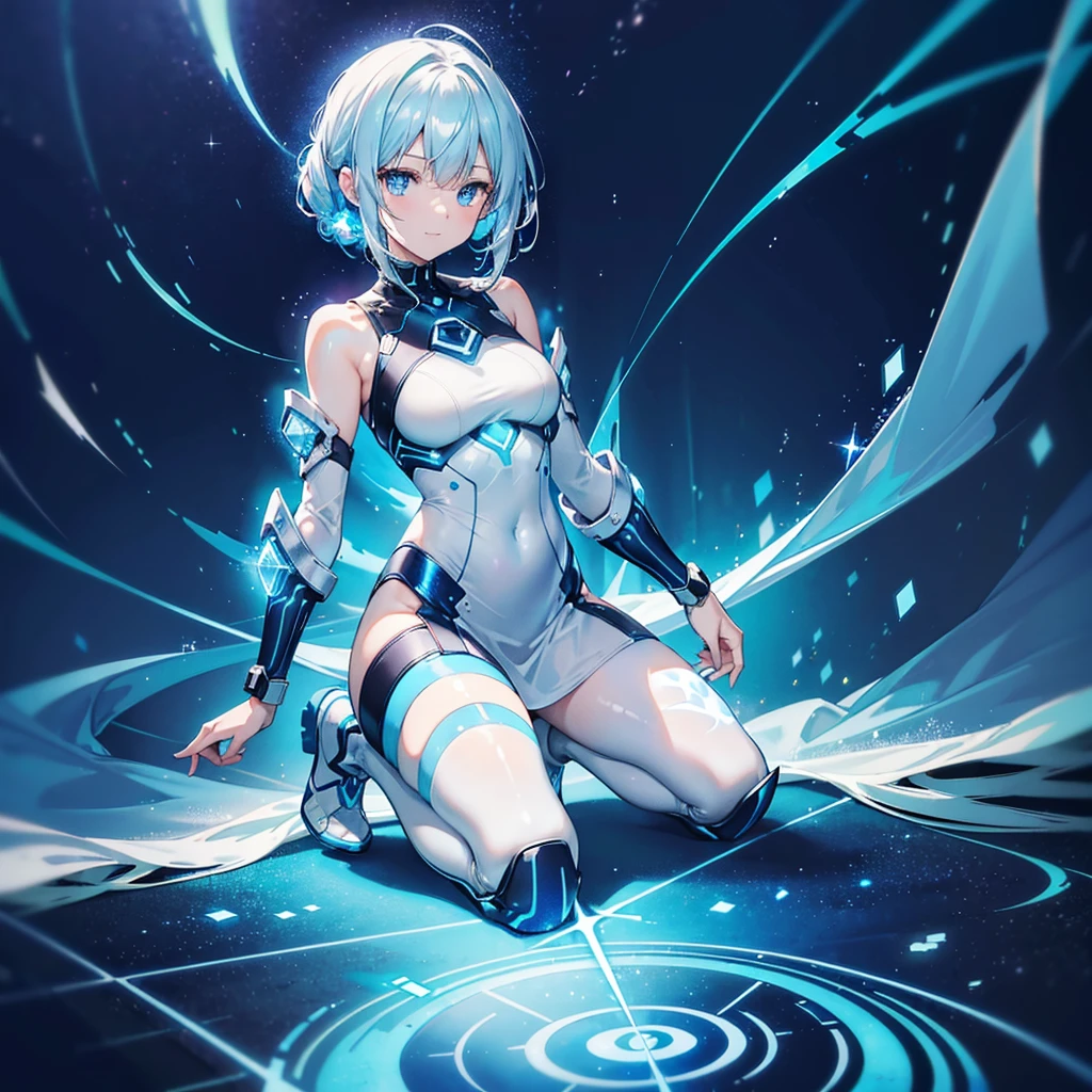 ((Holographic glow effect)),8k, Highest quality, (real:1.4), Original photo, 1 girl, Asari Hair, Biological Amplifier, Very sleek and futuristic armor, posture: Peace talks between warring factions,,attention arousal, smart blue eyes,A modest smile,Knee-high boots,Patent-look blue tights,Blue big moon and blue light swirl in the background,Blue light from behind,blue light magic,A small, glowing blue ball in the palm of your hand,Blue flame swirl,Blue Comet,Polished floor,