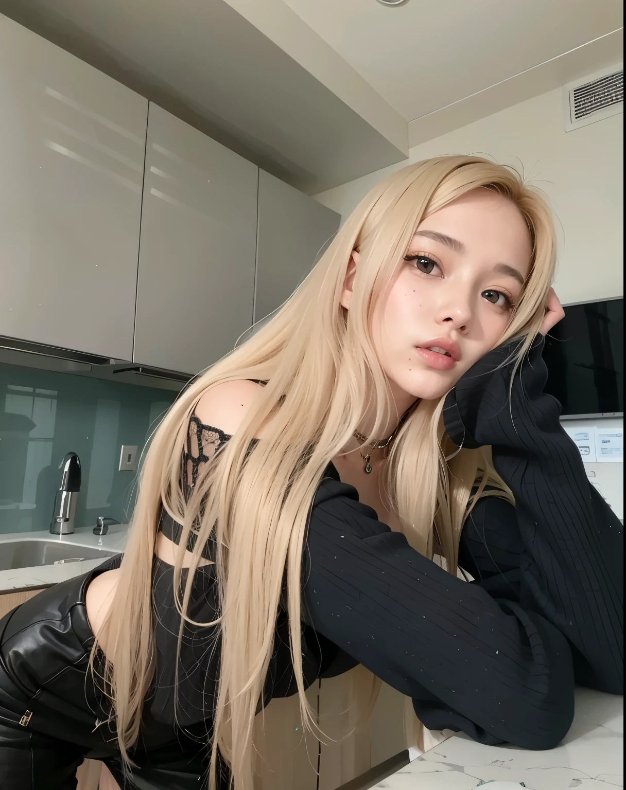 Close up of woman with long blonde hair wearing necklace, Jinyoung Canella, Blackpink&#39;s Roseanne Park, Larissa Manoval, long white hair and bangs, Best Face, sakimichan, Popular Korean Makeup, Portrait of Kim Petra, Heonhwa Choi, white fringe, Portrait of Blackpink Josh, popular korean makeup