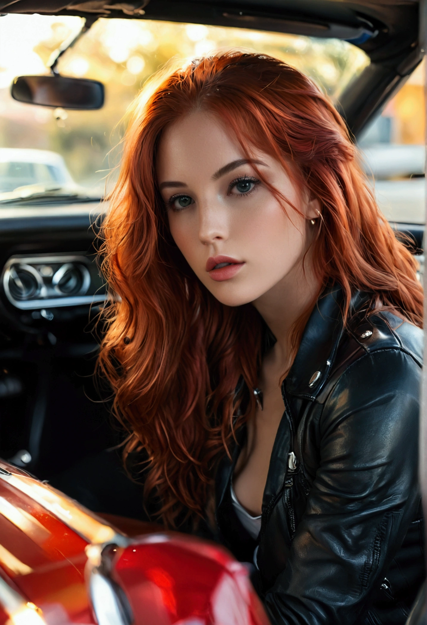 ultra realistic, photography, long red hair, girl, 24 years old, hourglass figure, perfect body, small breasts, Flirty look, extremely detailed artgerm, in the style artgerm, facing the camera, lens 35 mm, blur background, black chevrolet camaro SS 1968, with her upper body she is leaning on the closed hood of the car, wearing a leather jacket, tight tshirt, tight leatherpants, leatherboots, 