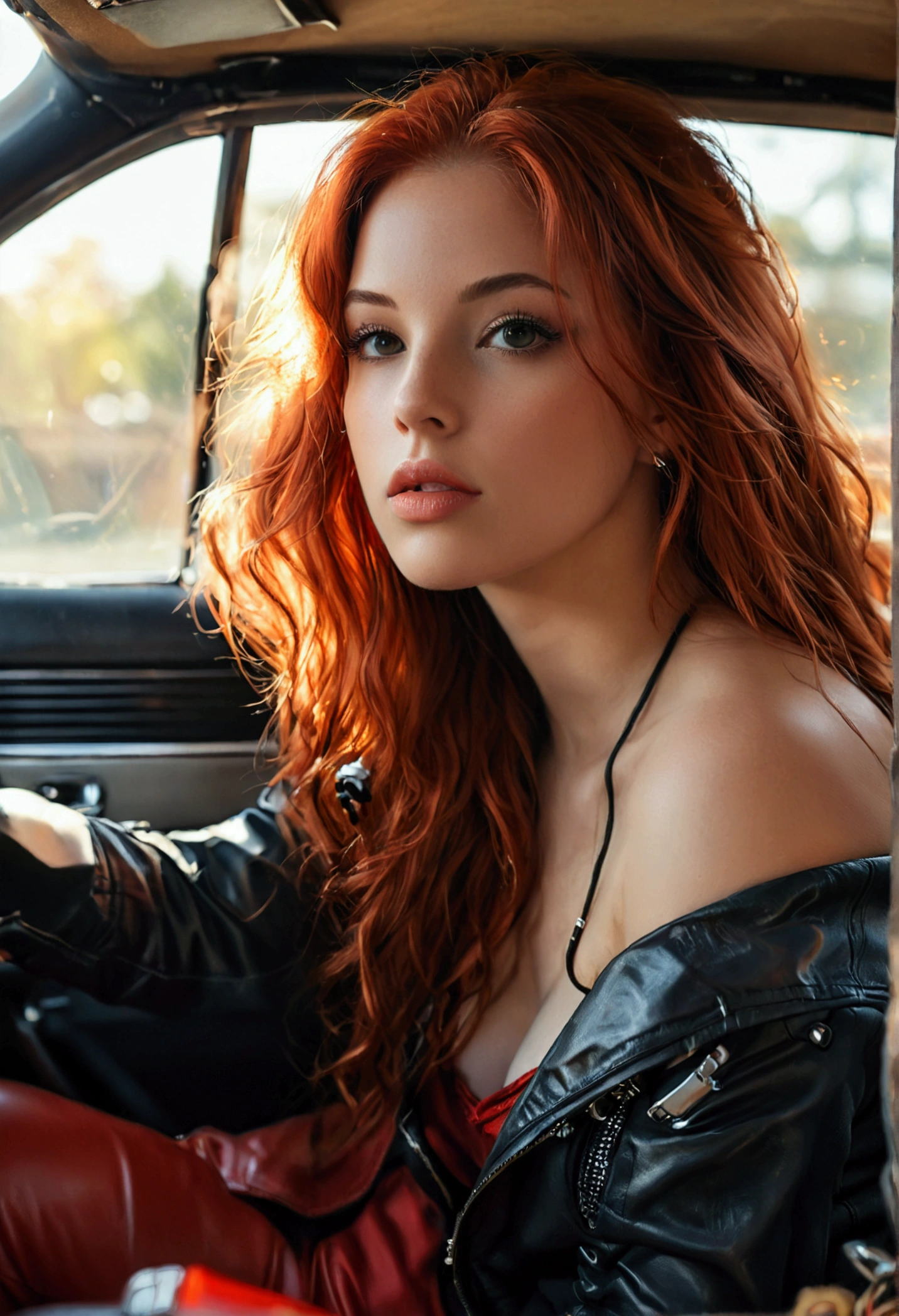 ultra realistic, photography, long red hair, girl, 24 years old, hourglass figure, perfect body, small breasts, Flirty look, extremely detailed artgerm, in the style artgerm, facing the camera, lens 35 mm, blur background, black chevrolet camaro SS 1968, with her upper body she is leaning on the closed hood of the car, wearing a leather jacket, tight tshirt, tight leatherpants, leatherboots,