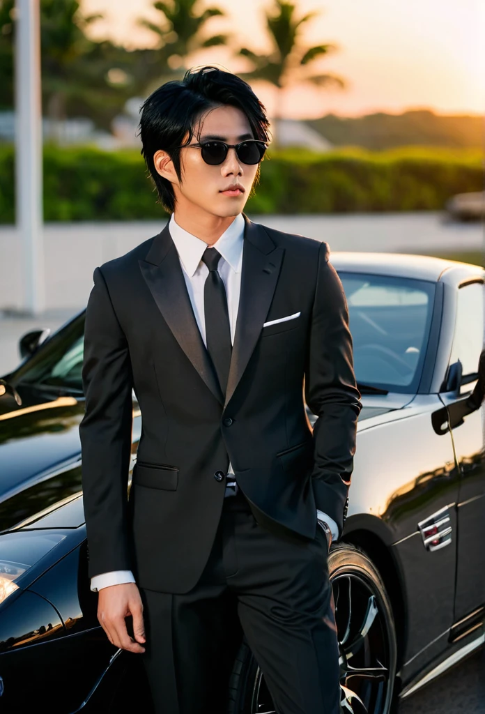 Asian man, black Sasuke hair, black formal business suit, young, early 20's, black clothing, sunglasses, sports car, full sunset view