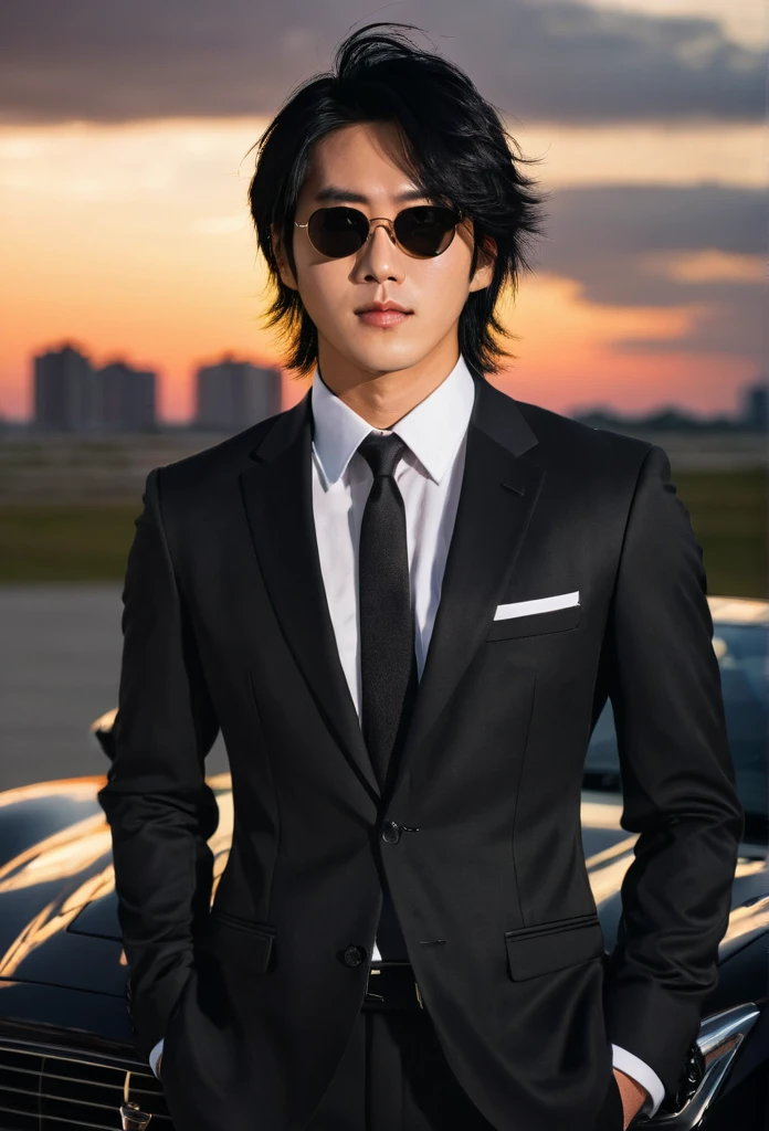 Asian man, black Sasuke hair, black formal business suit, young, early 20's, black clothing, sunglasses, sports car, full sunset view