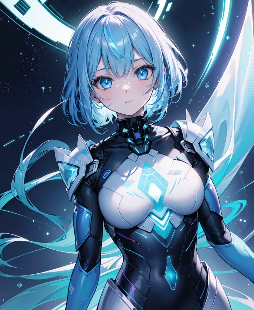 ((Holographic glow effect)),8k, Highest quality, (real:1.4), Original photo, 1 girl, Asari Hair, Biological Amplifier, refined armor, posture: Peace talks between warring factions, smart blue eyes,whole body