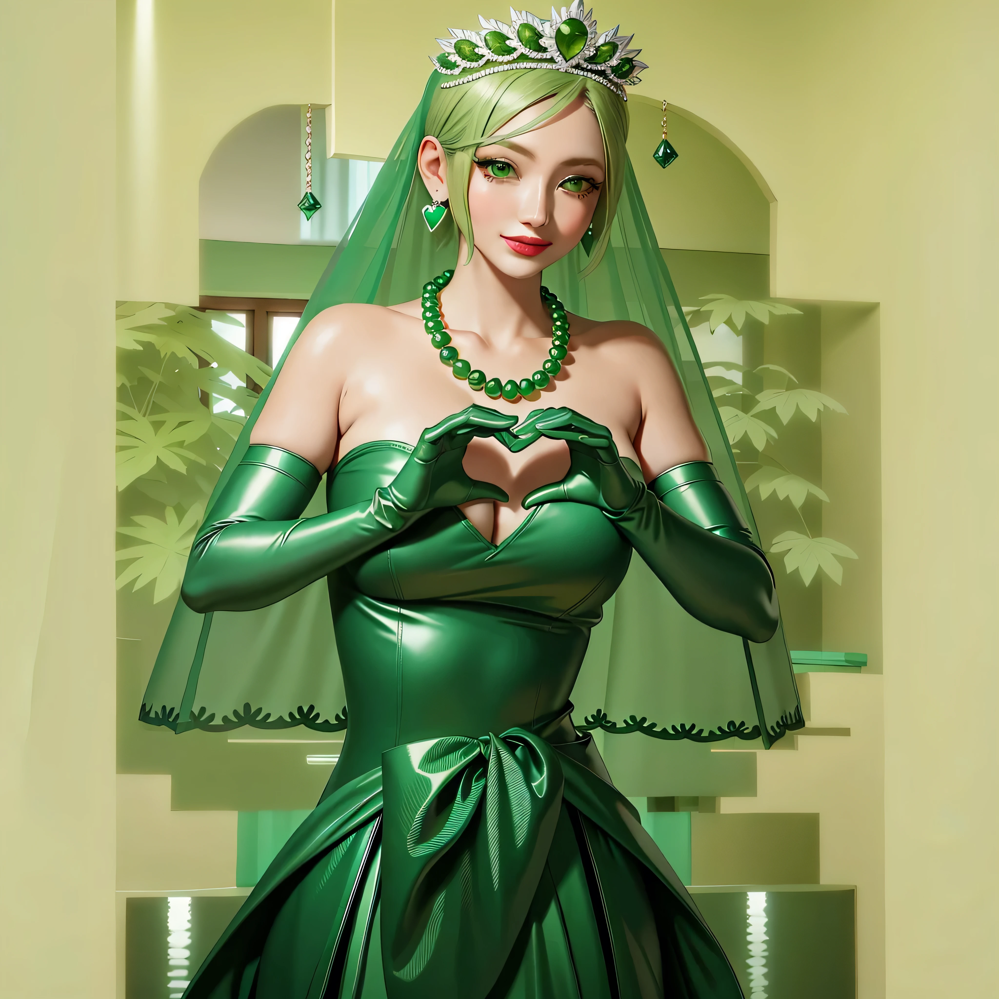 Emerald tiara, Green Pearl Necklace, Boyish very short green hair, Green Lips, Smiling Japanese woman, Very short hair, Busty beautiful lady, Green Eyes, Green satin long gloves, Green Eyes, Emerald Earrings, Green veil, Heart with both hands, Green Hair, Beautiful Japanese Woman, Heart shaped hands:1.3, green lip gloss