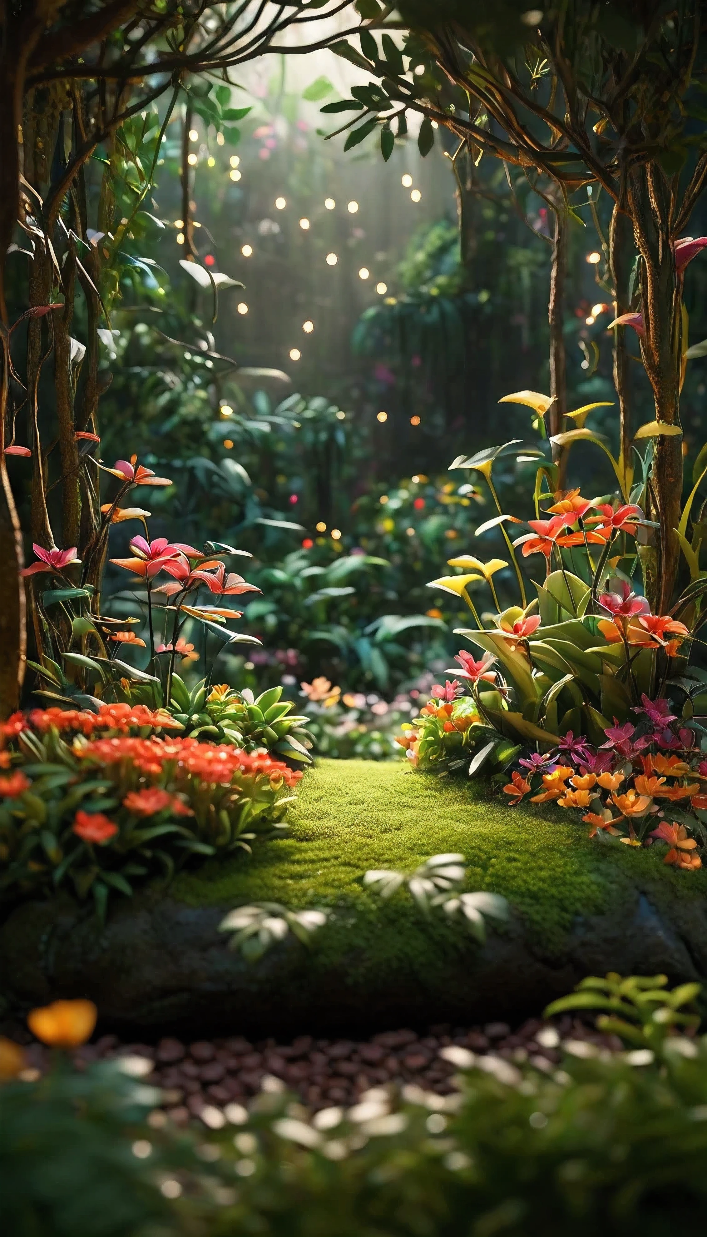 A stunning, ultra-realistic 3D render of a miniature scene set in a magical rainforest. The low-key mood is enhanced by the soft lighting, casting a warm glow over the delicate colorful flowers and softly lit branches. The depth of field creates a sense of depth and atmosphere, with the bright cinematic lighting highlighting the intricate details of the scene. The happy, smiling miniature figure adds a touch of whimsy, while the wide landscape view and sharp focus showcase the super complex design and outstanding quality of the image.