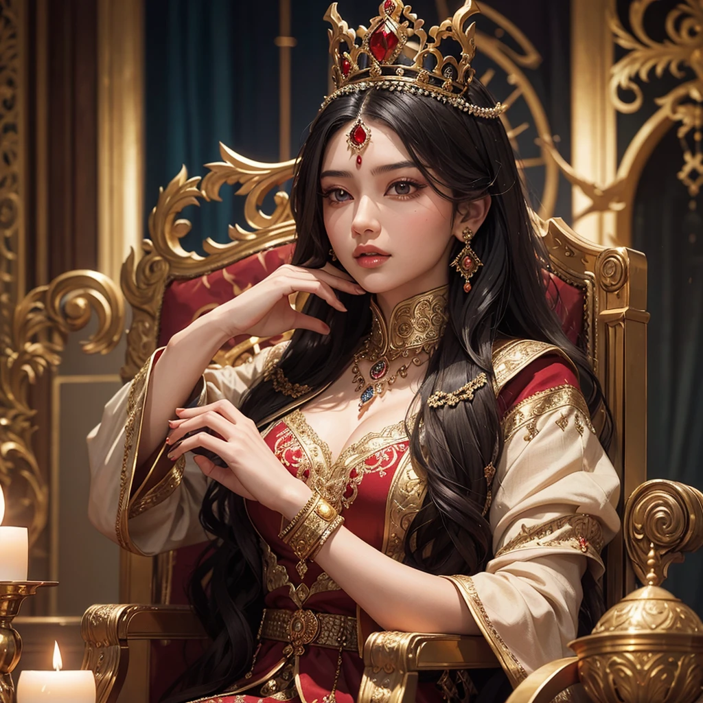 beautiful ozbek princess, wearing fully red sharara, long wavy black hair, pale white skin, medium breast, sitting on royal mughal throne, ornate throne room background, highly detailed, 8k, photorealistic, dramatic lighting, rich colors, intricate patterns and textures, cinematic composition, elegant pose