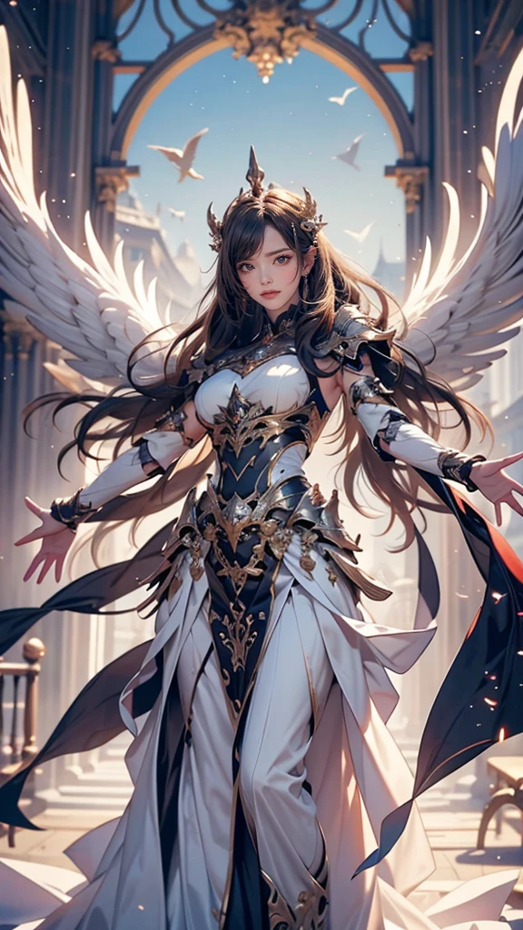 full body,from below,angel armor,(Spread your arms and fly down from the sky:1.5),(random hairstyle),(Highest image quality,(8k),ultra-realistic,best quality, high quality, high definition, high quality texture,high detail,beautiful detailed,fine detailed,extremely detailed cg,detailed texture,a realistic representation of the face,masterpiece,Sense of presence)