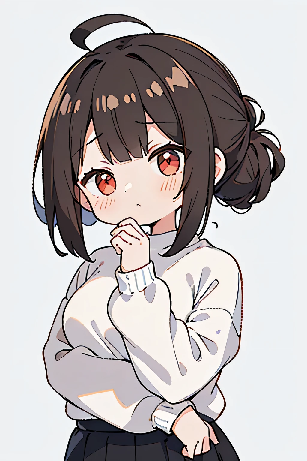 masterpiece, best quality, detailed, ((( 1 girl ))), ( light brown hair ) , ( single chignon hairstyle:1.3 ), ( the bangs are even:1.3 ), ahoge , small breasts , ( oversized white sweatshirts on tight black inner:1.3 ) , short length black skirts , slender style, ( facing the front ) , ( jitome:1.5 ) , ( eyes harf closed:1.2 ) , ((( chibi character ))) , upper body , ( from front:1.3 ) , deep red eye , ( simple white background:1.3 )