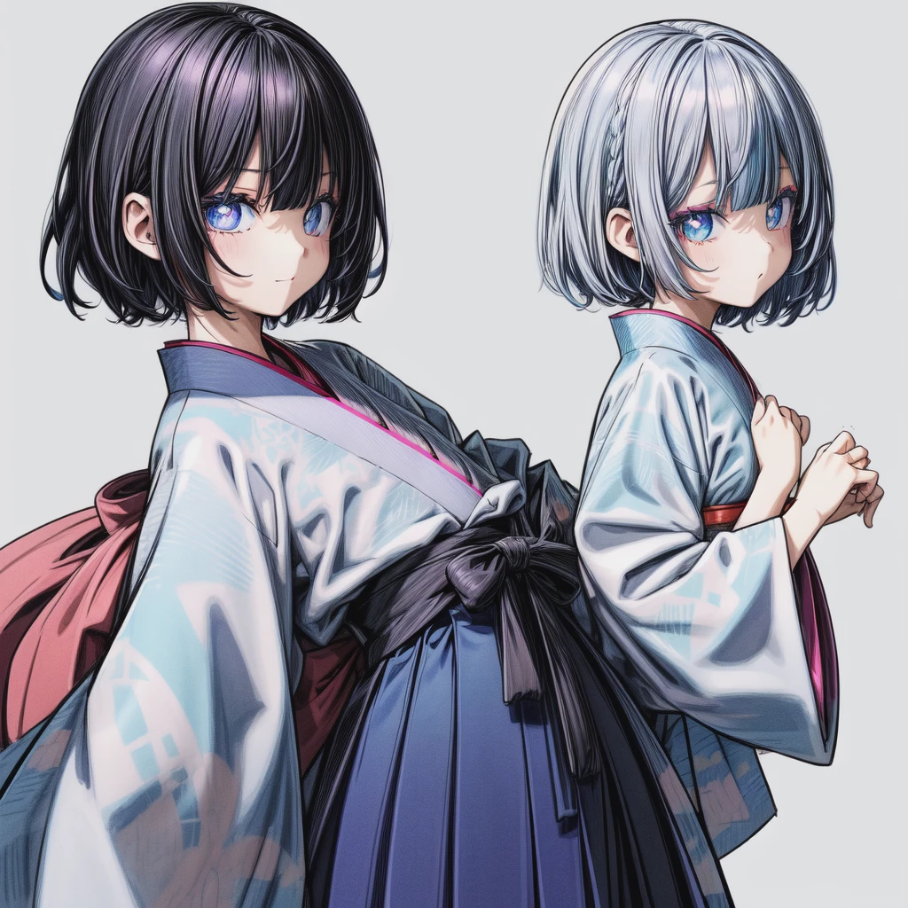 1 girl、Holographic short hair、Blue Eyed Goth Kimono、Hakama skirt、Curly Bob、White background、(flat color、Pastel Style、Black outline:1.2)、sketch