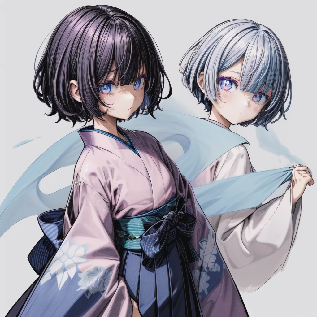 1 girl、Holographic short hair、Blue Eyed Goth Kimono、Hakama skirt、Curly Bob、White background、(flat color、Pastel Style、Black outline:1.2)、sketch