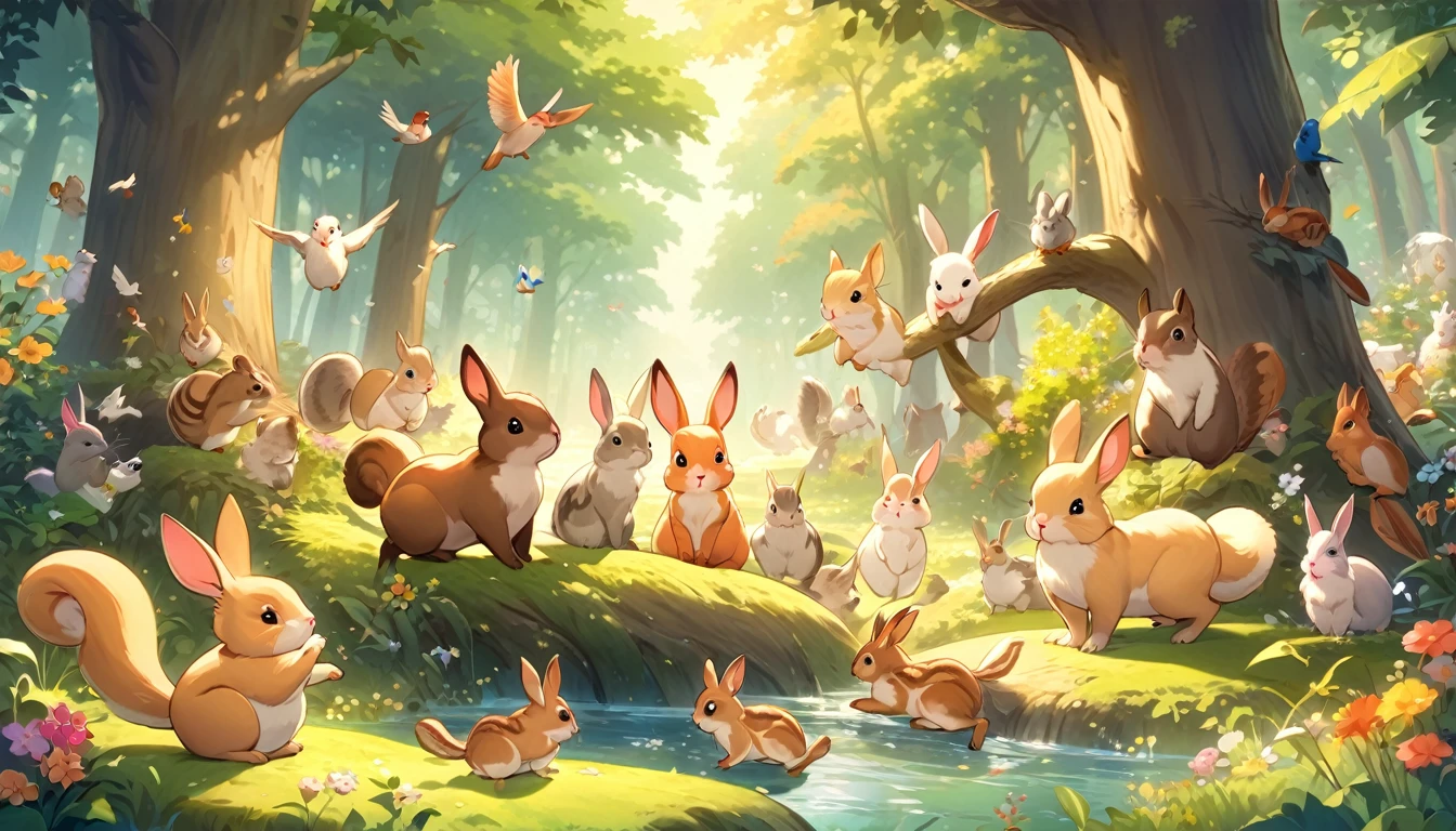 "A cute anime-style scene of animals playing in a forest. The scene includes a variety of animals like rabbits, squirrels, and birds, all engaging in playful activities. The background is a lush, green forest with tall trees, flowers, and a stream. The atmosphere is cheerful and whimsical, capturing the joy and innocence of the animals as they frolic together.