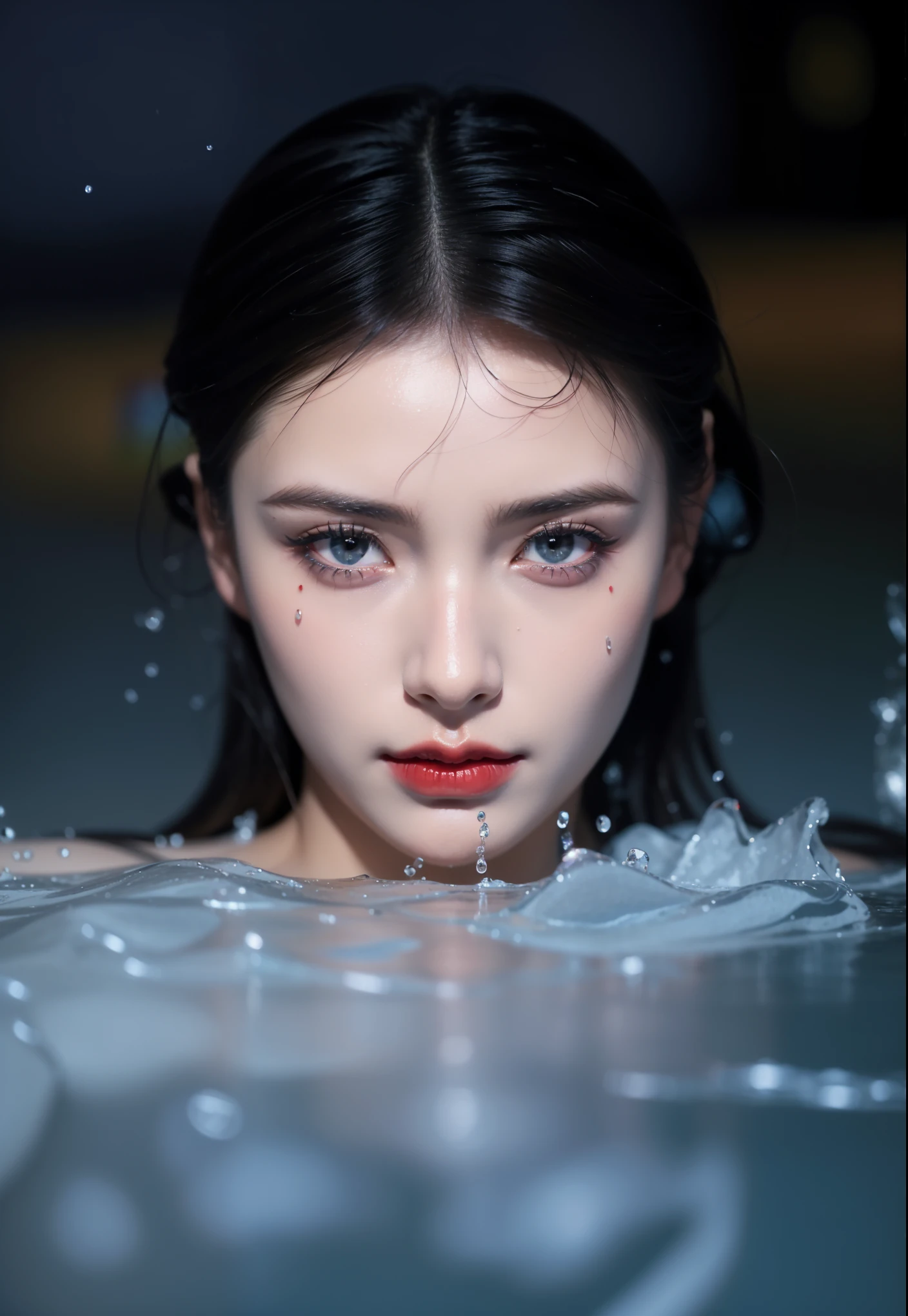 Royal princess,Extremely detailed, Delicate face, Stock Photography , Portrait 400, F1 Camera Lens.6, rich and colorful, Surrealism, Realistic textures, Dramatic Lighting, Thin Film Distiller 800 (8K, original photo, Better quality, masterpiece: 1.2), Extremely detailed, (Extremely delicate skin: 1.2), 8K ultra high definition, SLR camera, Soft Light, high quality.Fire Queen,Blue pupils,Wear red lipstick,Have a tattoo,The tattoo is very three-dimensional,Gorgeous and intricate tattoo designs,Dark eyeshadow,Sexy thick lips(Red lipstick),Ultra-clear portrait,In the water,Water drop particle effects