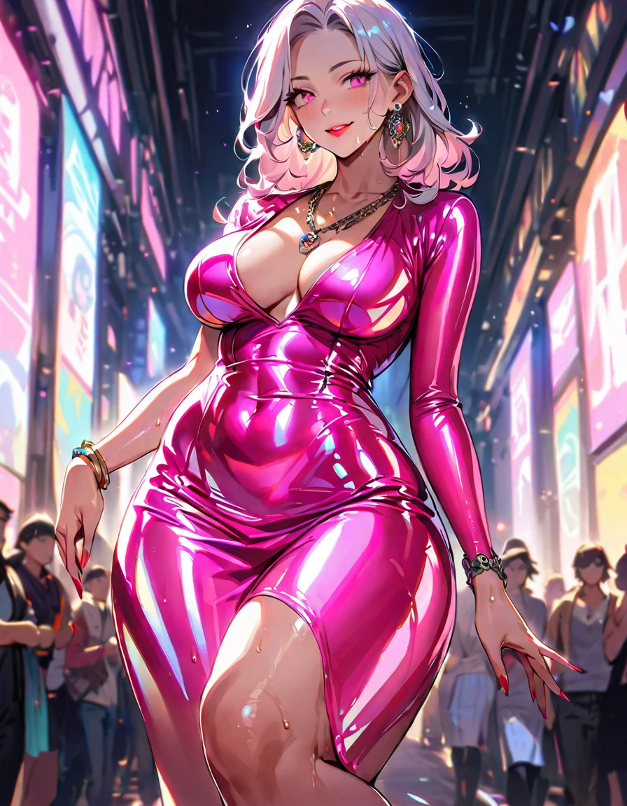 Young beautiful woman,(Highest quality,Extremely detailed depiction,Incredibly absurd high resolution,Anatomically accurate depiction,Curvy Legs),(Glowing Skin,Shiny skin,Sweat),(Fashion Model:1.3,High gloss latex dress,Luxury accessories,Earrings,necklace,Bracelet),eyelash,Flashy makeup,Pink Eyes,There is cleavage in the chest,Glossy Red Lips,Shadowed face,A seductive smile,whole body,(Walking pose:1.5,)background:Fashion show runway:1.5