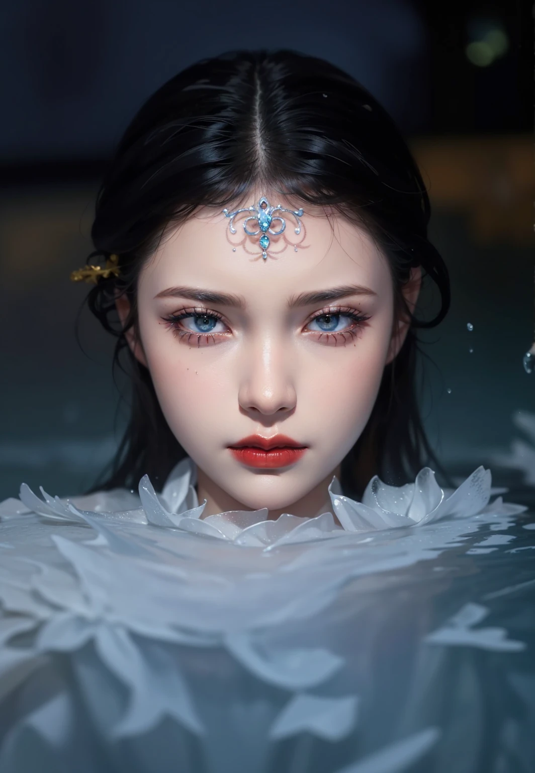 Royal princess,Extremely detailed, Delicate face, Stock Photography , Portrait 400, F1 Camera Lens.6, rich and colorful, Surrealism, Realistic textures, Dramatic Lighting, Thin Film Distiller 800 (8K, original photo, Better quality, masterpiece: 1.2), Extremely detailed, (Extremely delicate skin: 1.2), 8K ultra high definition, SLR camera, Soft Light, high quality.Fire Queen,Blue pupils,Wear red lipstick,Have a tattoo,The tattoo is very three-dimensional,Gorgeous and intricate tattoo designs,Dark eyeshadow,Sexy thick lips(Red lipstick),Ultra-clear portrait,In the water,Body in the pool