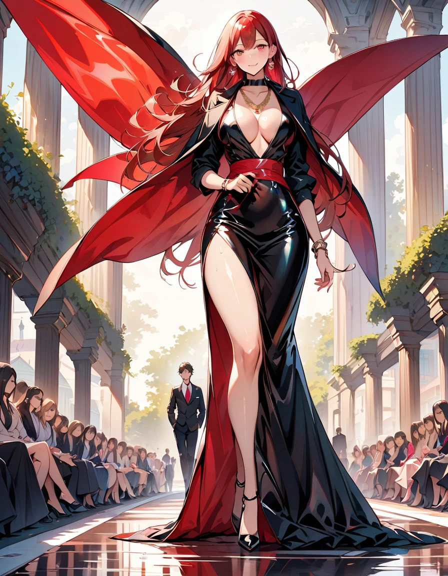 Young beautiful woman,(Highest quality,Extremely detailed depiction,Incredibly absurd high resolution,Anatomically accurate depiction,Curvy Legs),(Glowing Skin,Shiny skin,Sweat),(Fashion Model:1.3,High gloss latex dress,Luxury accessories,Earrings,necklace,Bracelet),eyelash,Flashy makeup,Pink Eyes,There is  in the chest,Glossy Red Lips,Shadowed face,A seductive smile,whole body,(Walking pose:1.5,)background:Fashion show runway:1.5