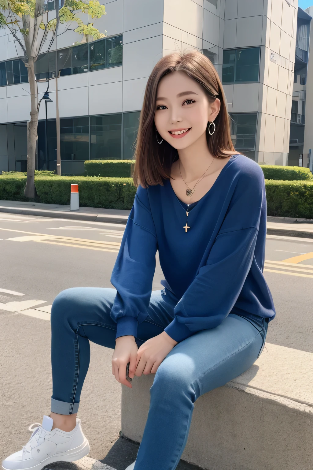 Highest quality, woman sitting on a bench、Full body photo、,smile、Beautiful teeth alignment、Light brown hair、Dark eyeliner、、Long sleeve blouse、Skinny jeans、sneakers、ear piercing、necklace, , Face Focus、The background is the building&#39;s corridor.