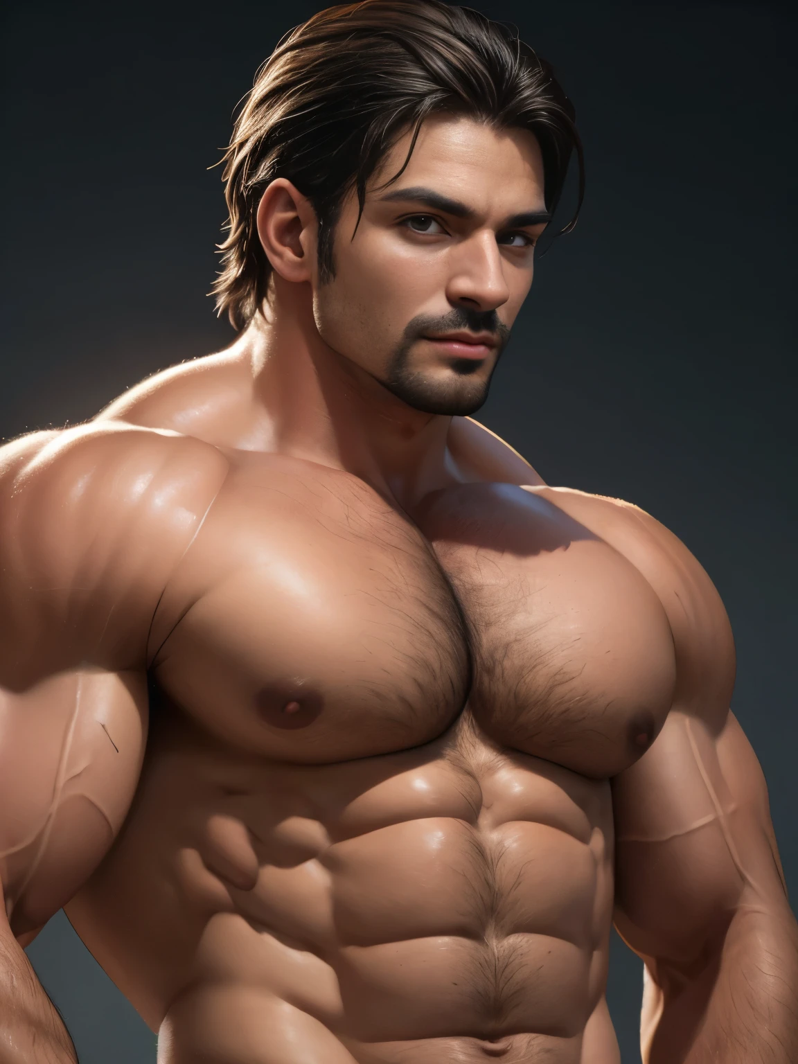 a macho man with crew cut, huge muscular body, 46 years old, close-up bust, transparent skin, hairy body, tanned skin, (best quality,4k,8k,highres,masterpiece:1.2),(realistic,photorealistic,photo-realistic:1.37),ultra-detailed,HDR,UHD,studio lighting,ultra-fine painting,sharp focus,physically-based rendering,extreme detail description,professional,vivid colors,bokeh,portrait, (Japanese:1.1)