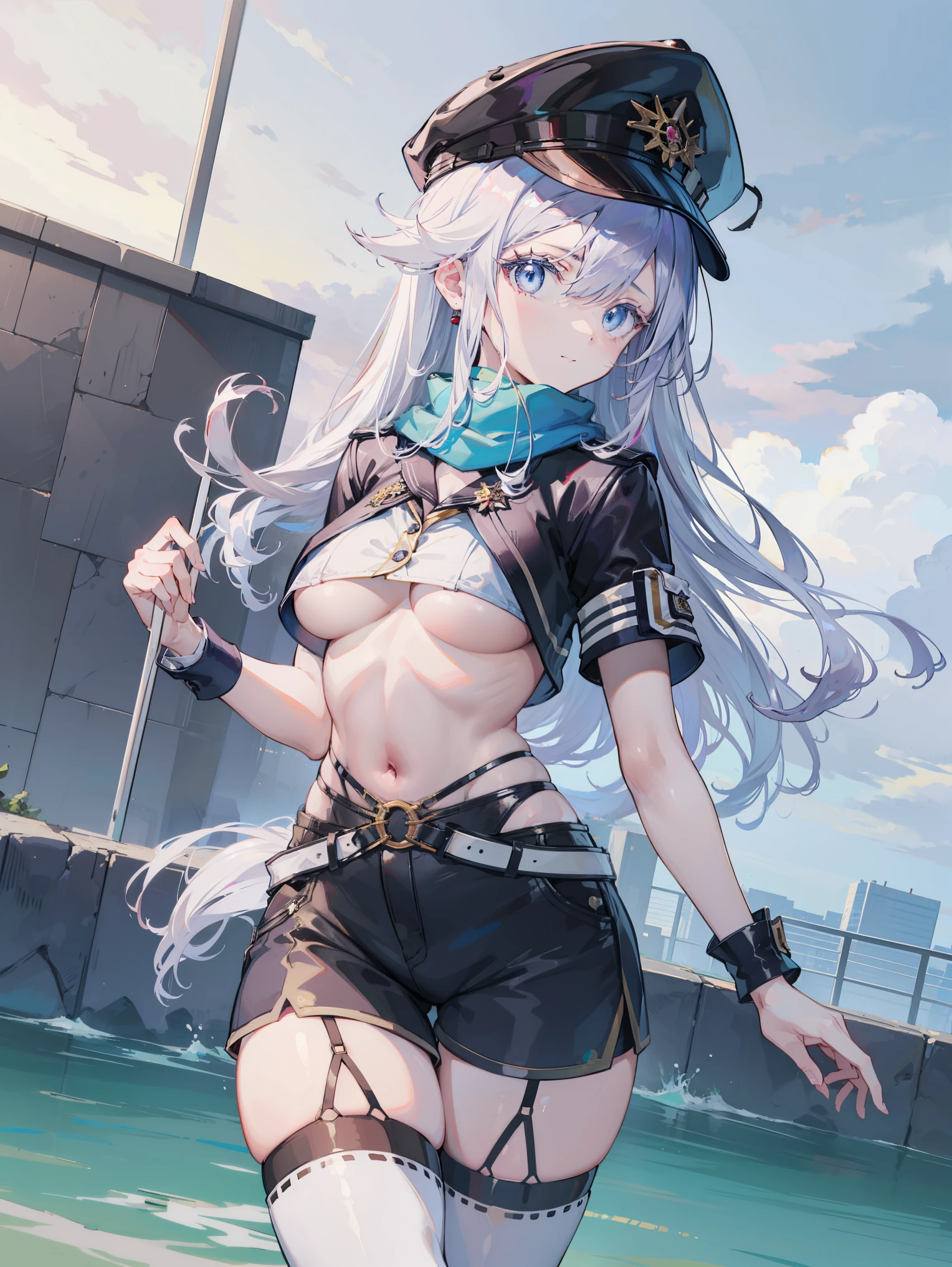 VL4D1L3N4,1girl, long hair, garter straps, purple eyes, white hair, hair between eyes, military hat, 
BREAK (no shirt, pink, thighhighs, scarf, short shorts, shorts, striped, striped scarf, studded belt, swimsuit, thighhighs, underboob, white footwear, wrist cuffs:1.2),
BREAK water, pool, slight smile,
BREAK (masterpiece:1.2), best quality, high resolution, unity 8k wallpaper, (illustration:0.8), (beautiful detailed eyes:1.6), extremely detailed face, perfect lighting, extremely detailed CG, (perfect hands, perfect anatomy),