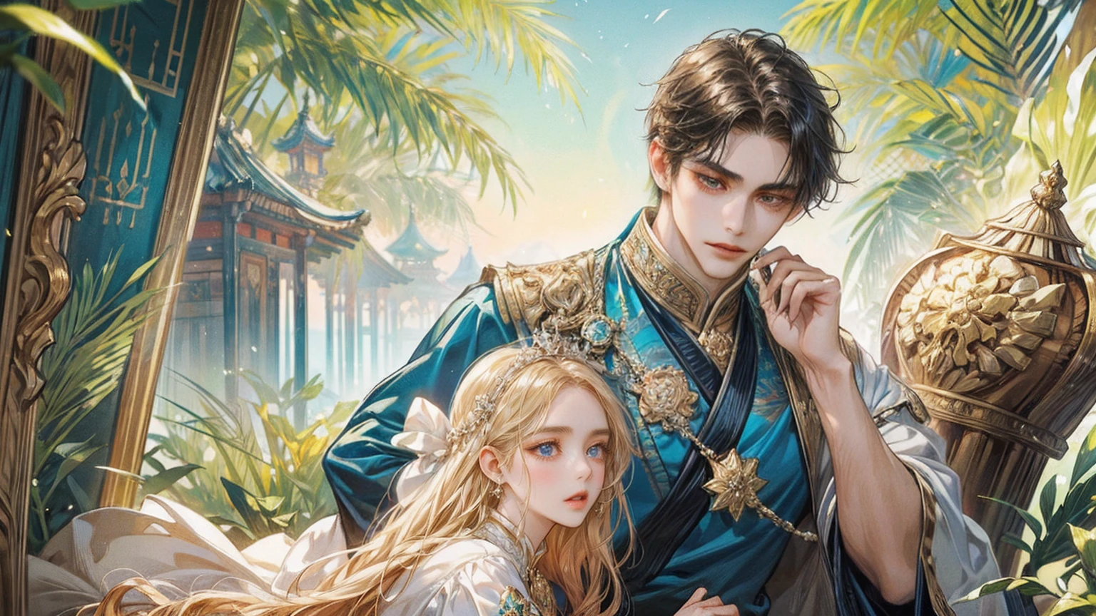 masterpiece, Highest quality, Very detailed, An intimate encounter between a man and a woman unfolds in a heartwarming and enchanting scene.。The stage is、steppe of central asia。The banks of the great river sparkling in the sunlight。Fantastic and majestic continental scenery。Creates a romantic atmosphere。 They stand facing each other,。their heights are different from each other。 emphasizes their unique physical characteristics。 That man is his height,Has dark hair that frames his striking face。The man is the crown prince of a steppe nomadic empire.。The man was wearing an ultramarine costume.、It is decorated with intricate golden embroidery.。A woman is a civilian in the oasis and is wearing Uyghur national costume.。The woman is delicate and .。Show off your radiant beauty with flowing, brightly colored hair. Their lips meet in a passionate kiss。 their pure love、Emphasis is placed on transcending class and culture.。 This magical moment captures the essence of their love,。evokes a feeling of sweetness and enchantment。Japanese girl manga patterns、symbolism、impressionism、romantic、Persian miniature、Reminiscent of the style of Alma Tadema and Gustave Moreau、It has an exotic, luxurious and profound charm.。