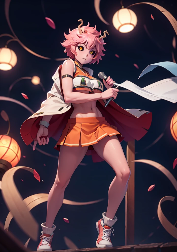 mina ashido, 1girl, solo, looking at viewer, short hair, simple background, yellow eyes, pink hair, horns, colored skin, colored sclera, black sclera, pink skin, U.A. CheerUniform, orange skirt, (bare belly), perfect shading, bare shoulders, big breasts