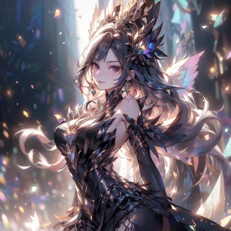 (artwork:1.4), (best quality:1.4), fantasy, extremely detailed, Intricate, hyper detailed illustration, soft lighting, 1 woman, black hair_flower, dress, fold_over, smile,(Perfect_Face), Standing, Ornate, Intricate, Dramatic Lighting, 4K, Detailed_Background, Caustic, Full_Body, Digital_Illustration, From_Side