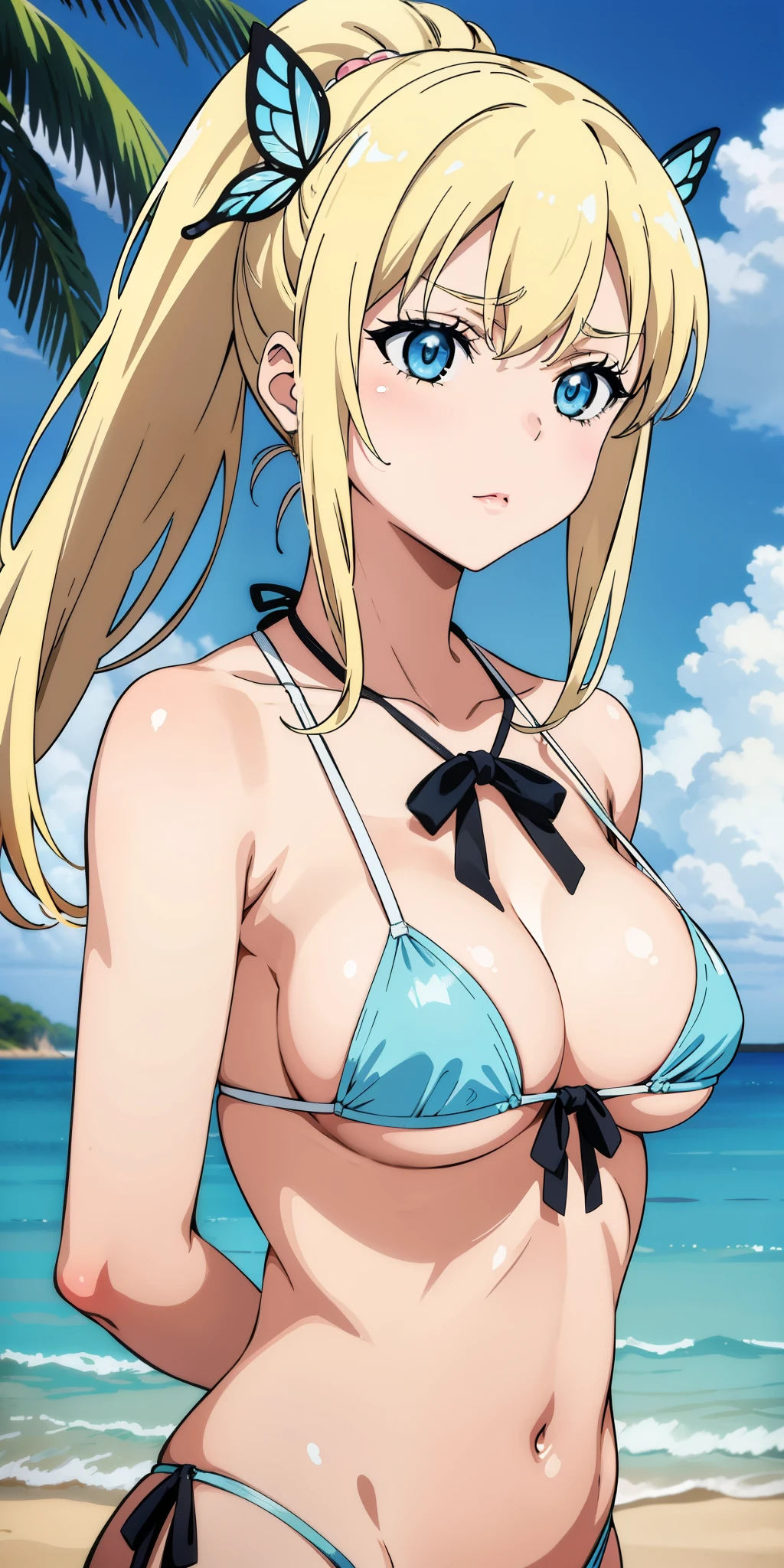 Seina Kashiwazaki, 1girl in, a blond, ponytail, butterfly hair ornament, (medium breast), Light blue micro bikini, (upper body:1.5), sand beach